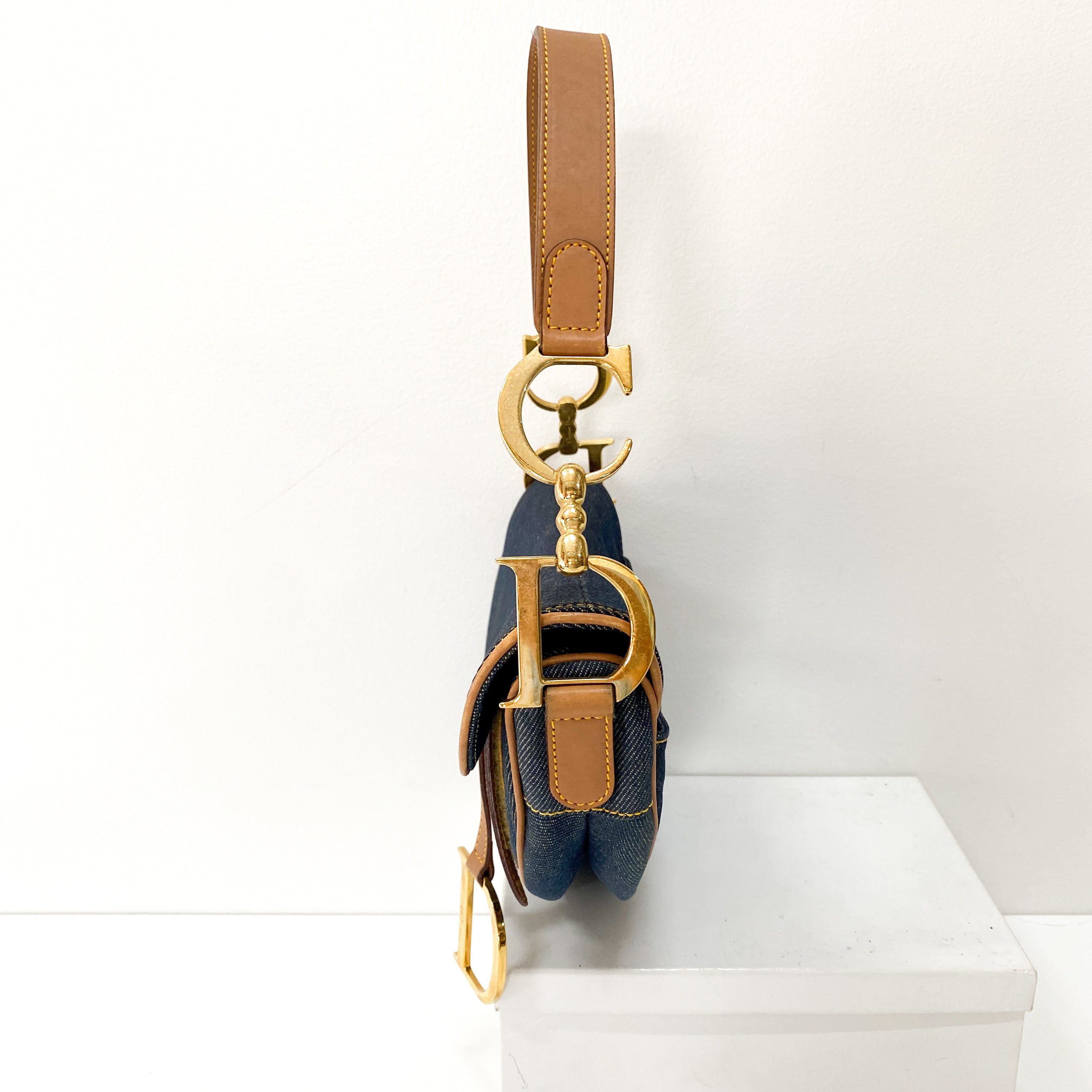 Saddle Denim Shoulder Bag with Gold Hardware