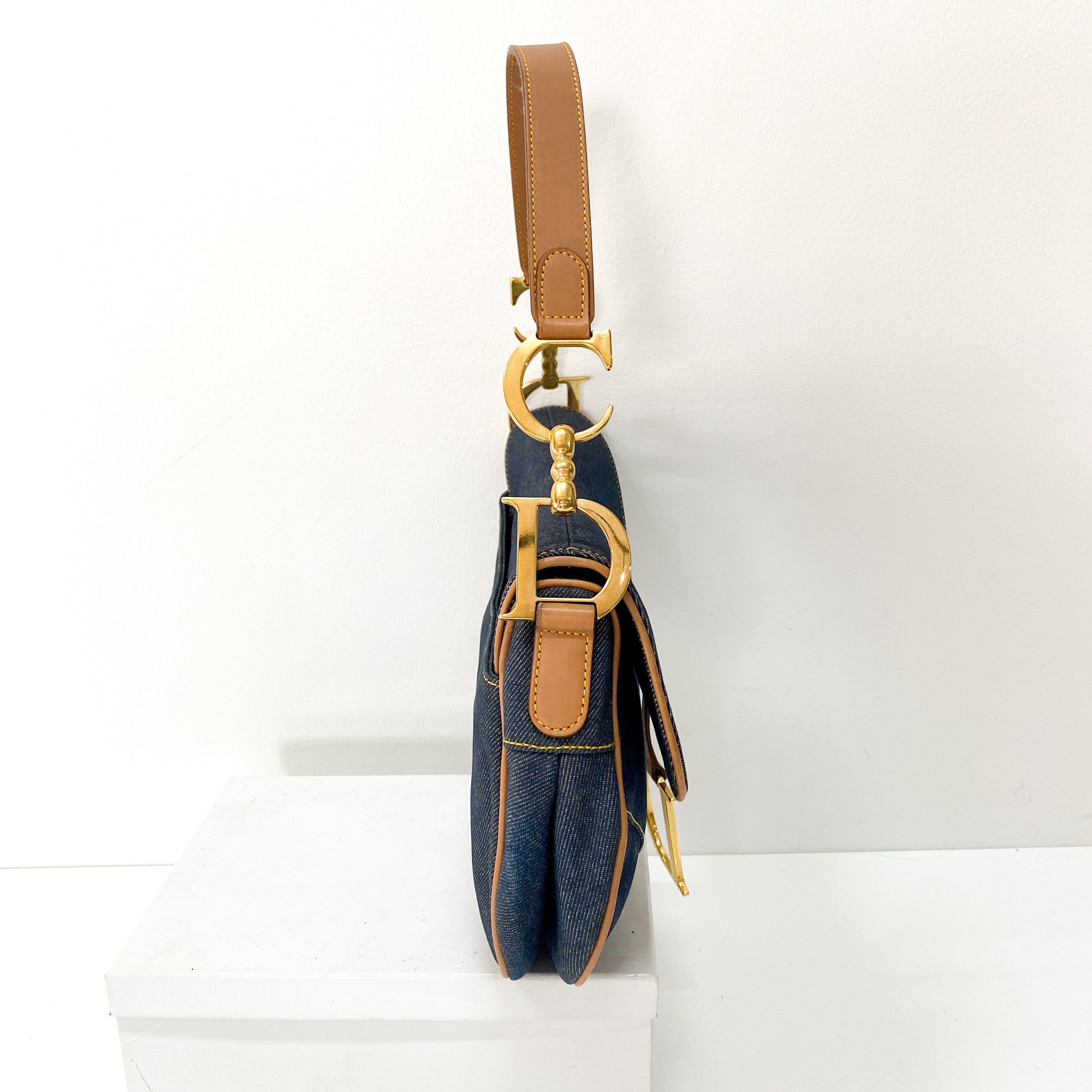 Saddle Denim Shoulder Bag with Gold Hardware