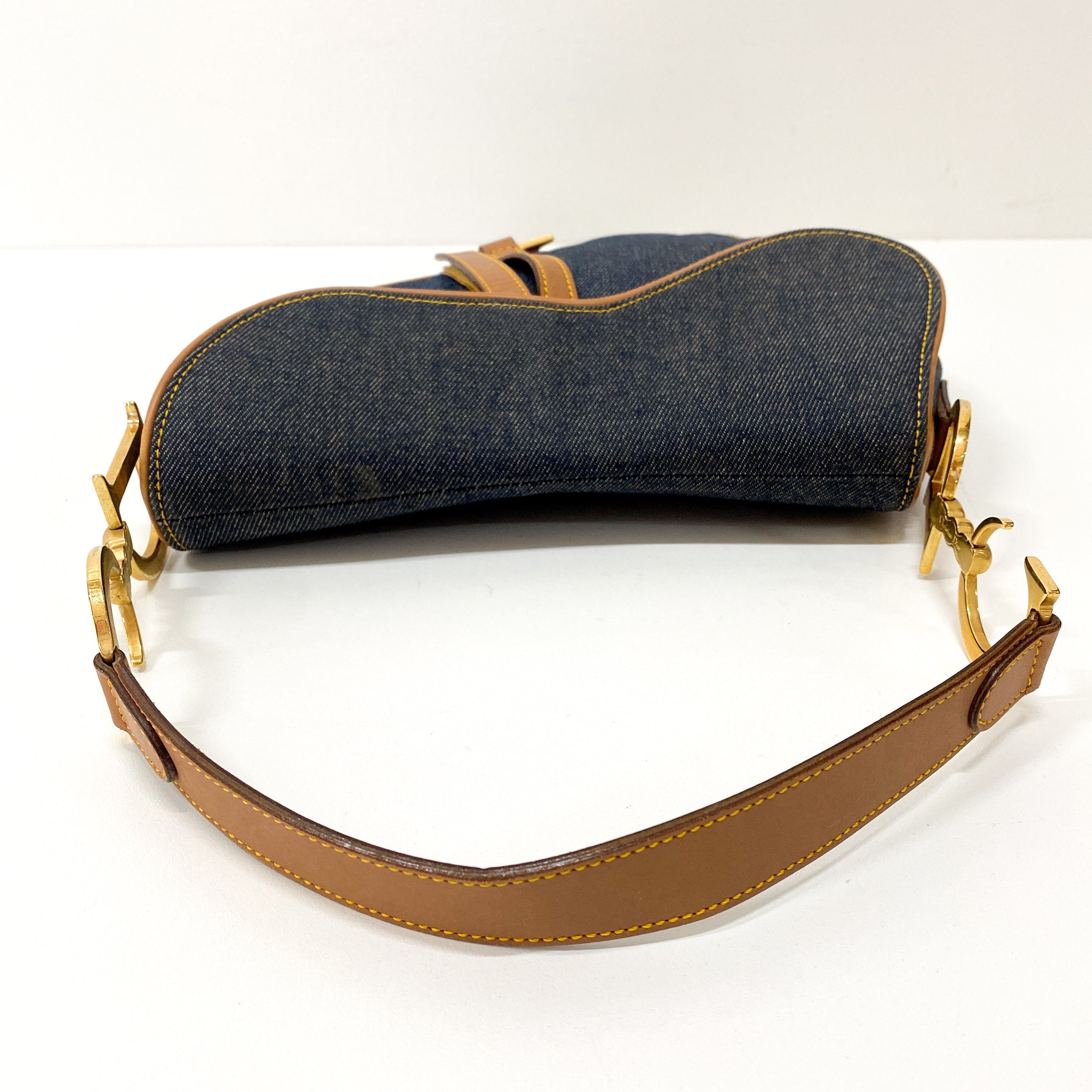 Saddle Denim Shoulder Bag with Gold Hardware