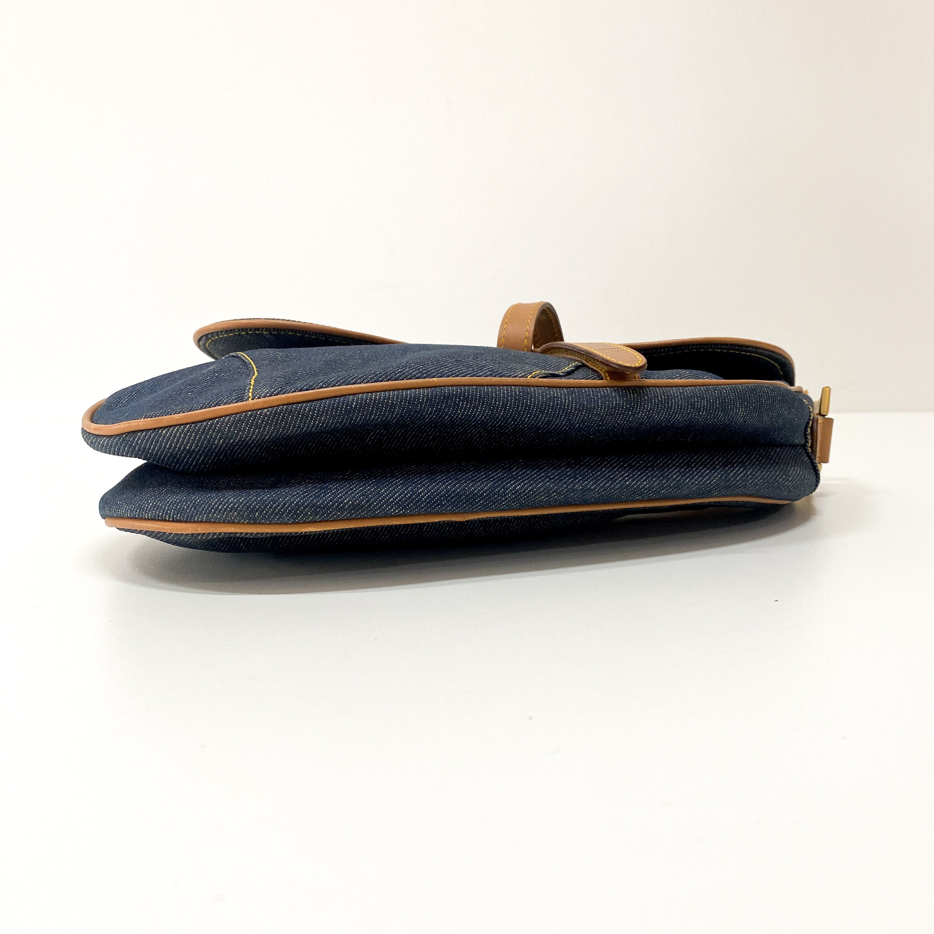 Saddle Denim Shoulder Bag with Gold Hardware