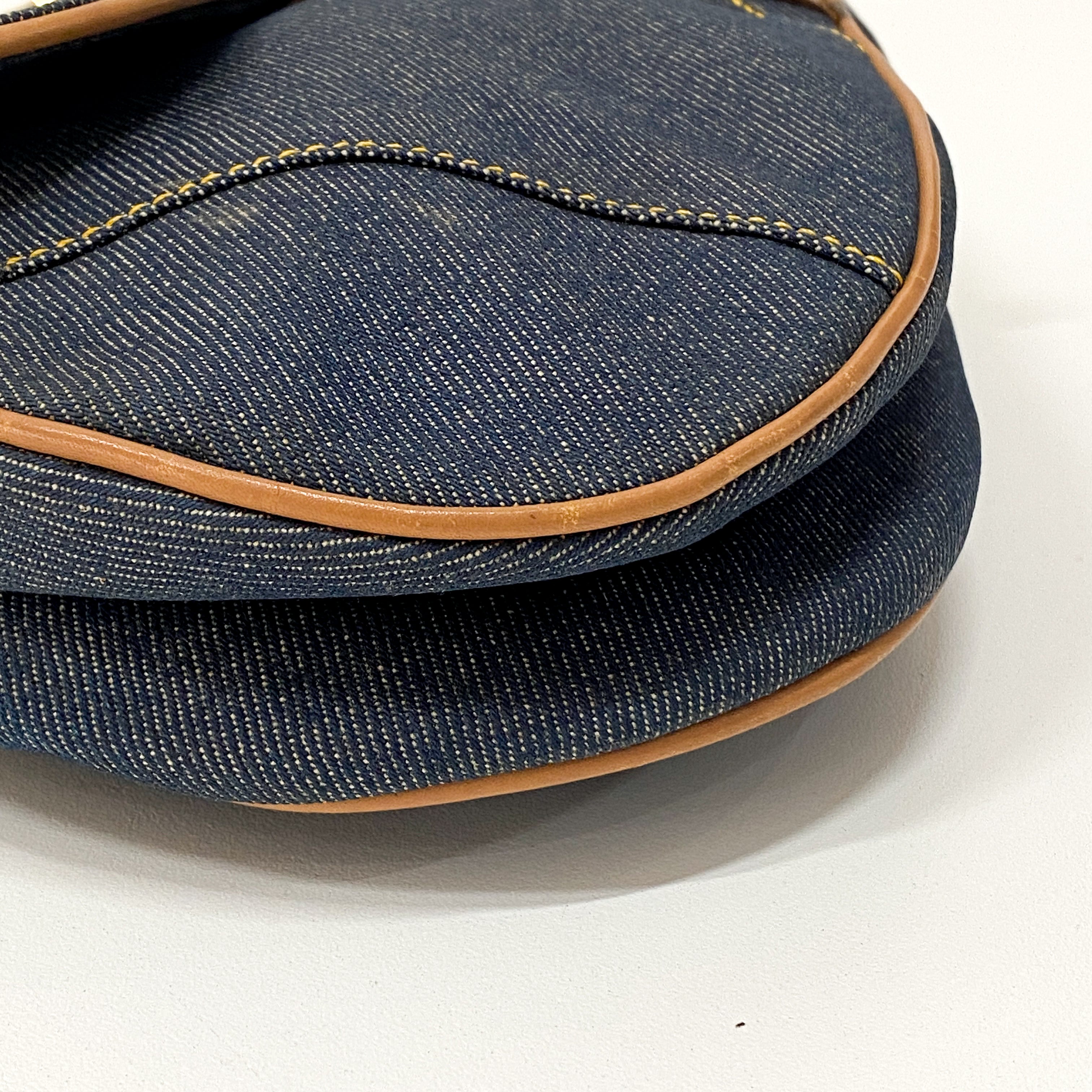 Saddle Denim Shoulder Bag with Gold Hardware