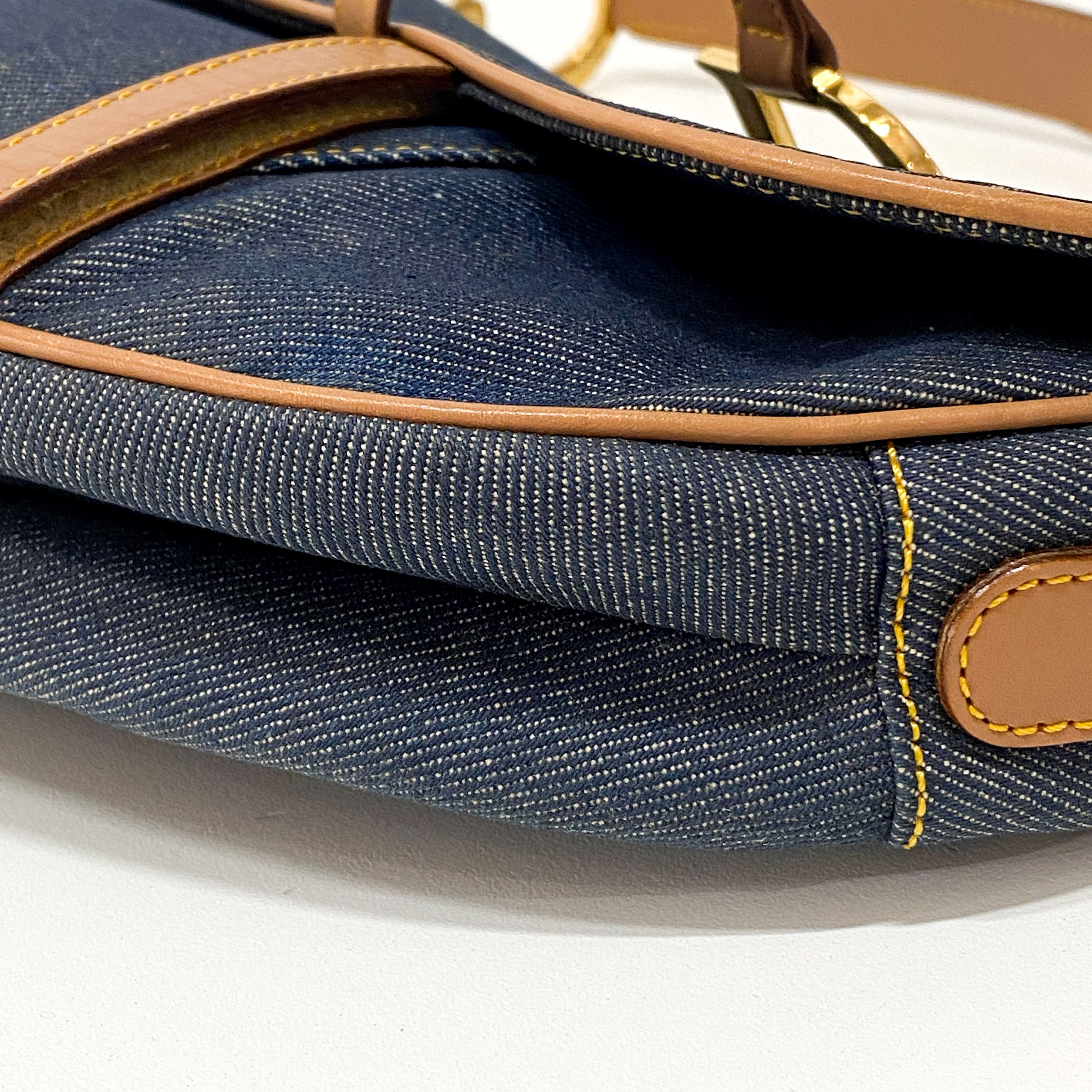 Saddle Denim Shoulder Bag with Gold Hardware