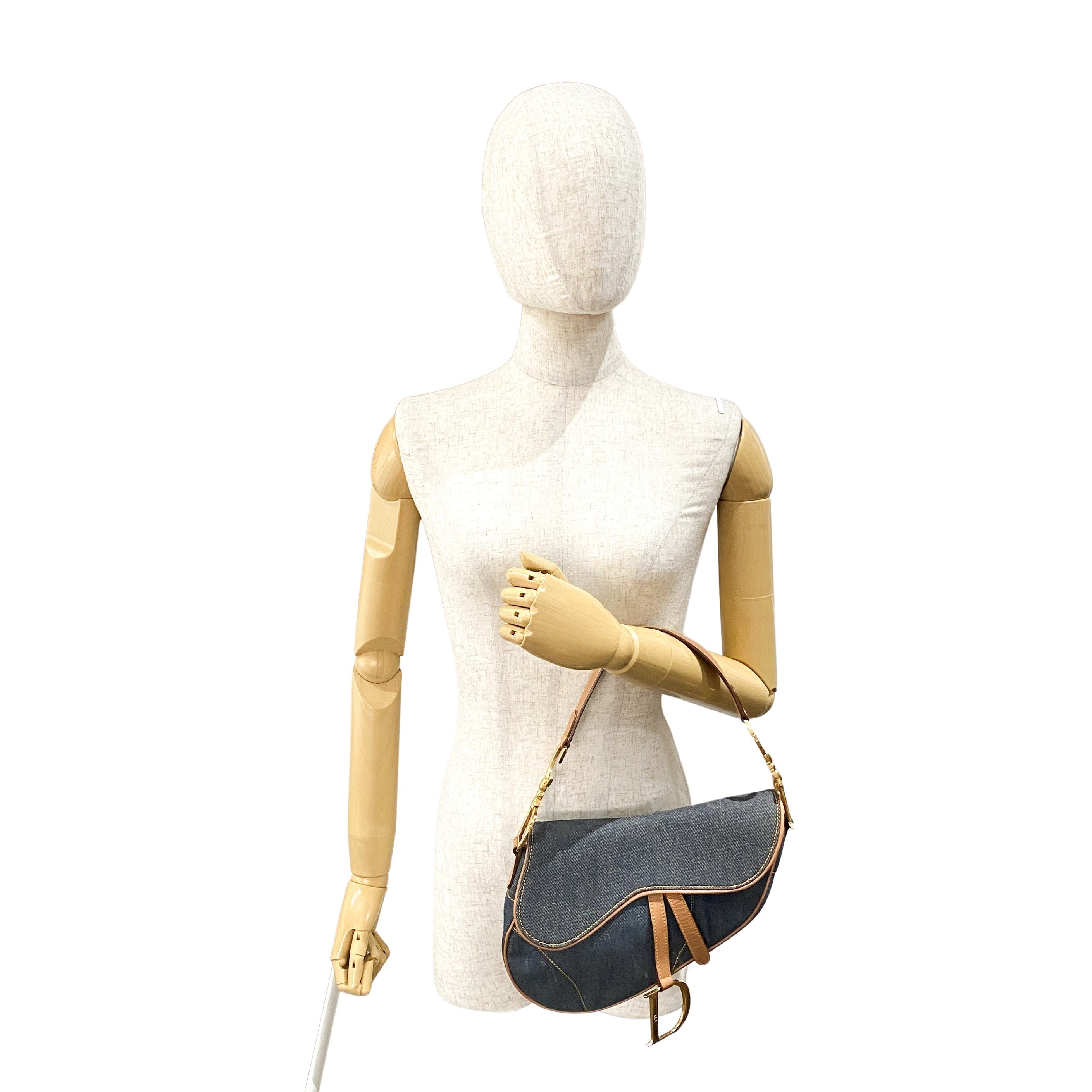 Saddle Denim Shoulder Bag with Gold Hardware