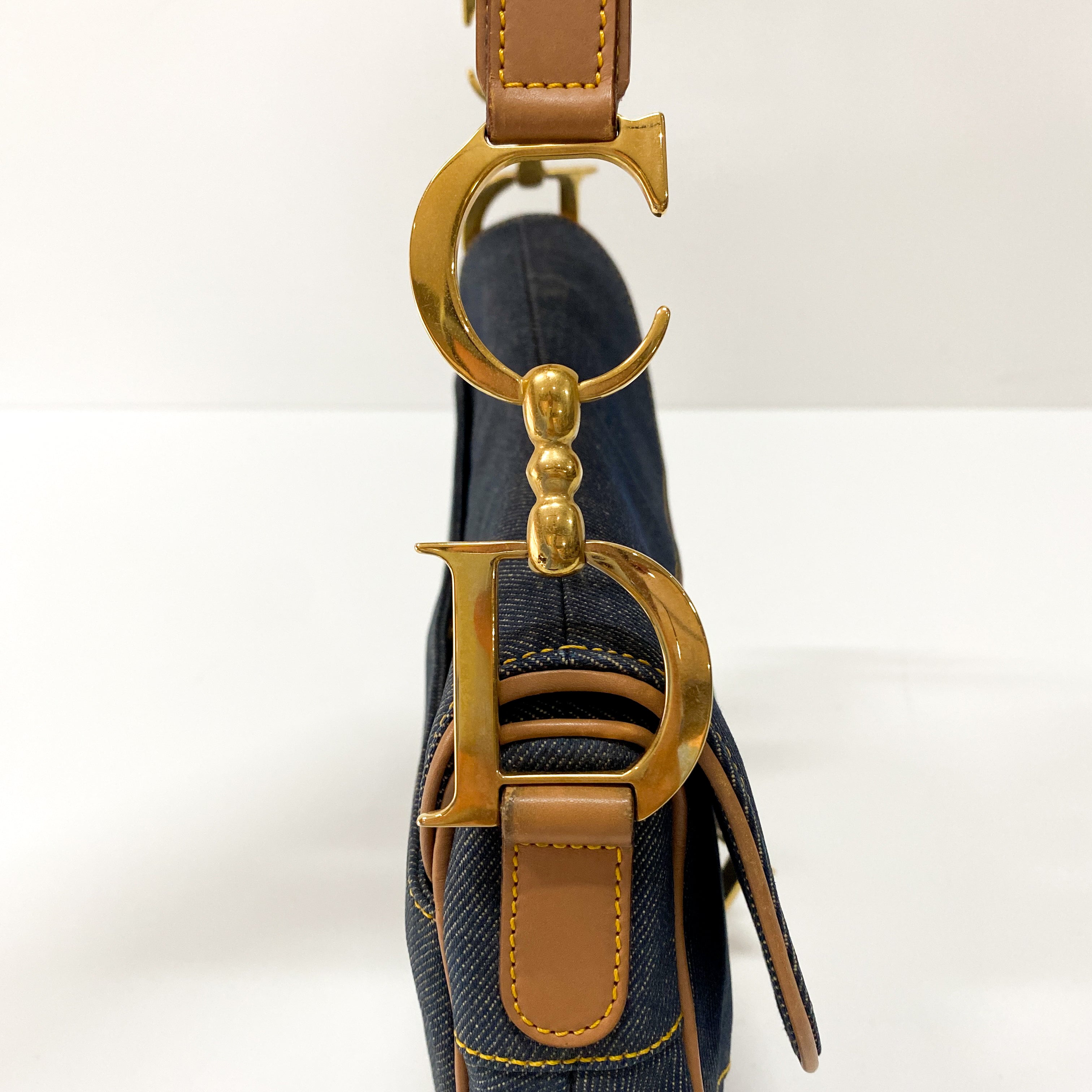 Saddle Denim Shoulder Bag with Gold Hardware
