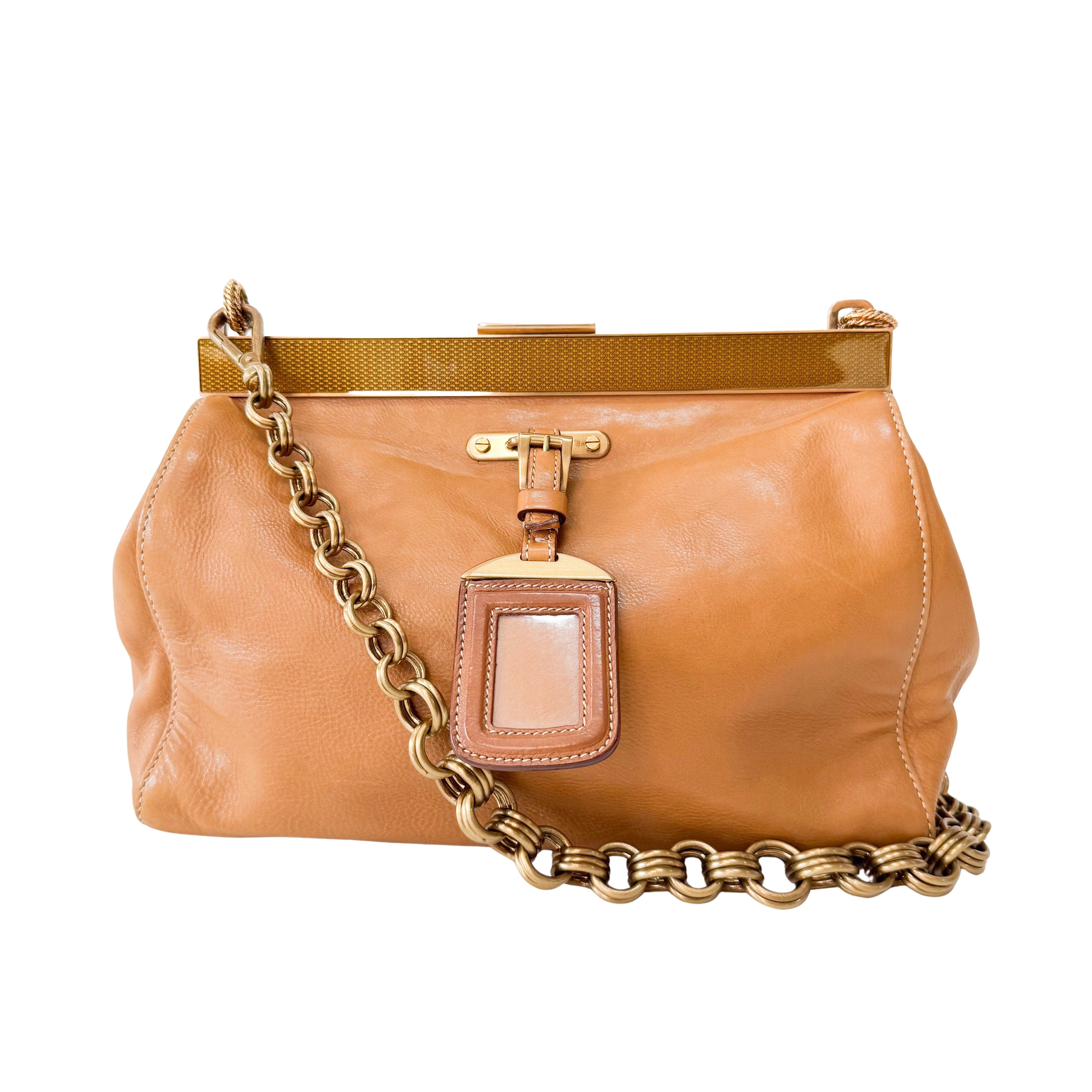Brown Leather Gold Chain Shoulder Bag