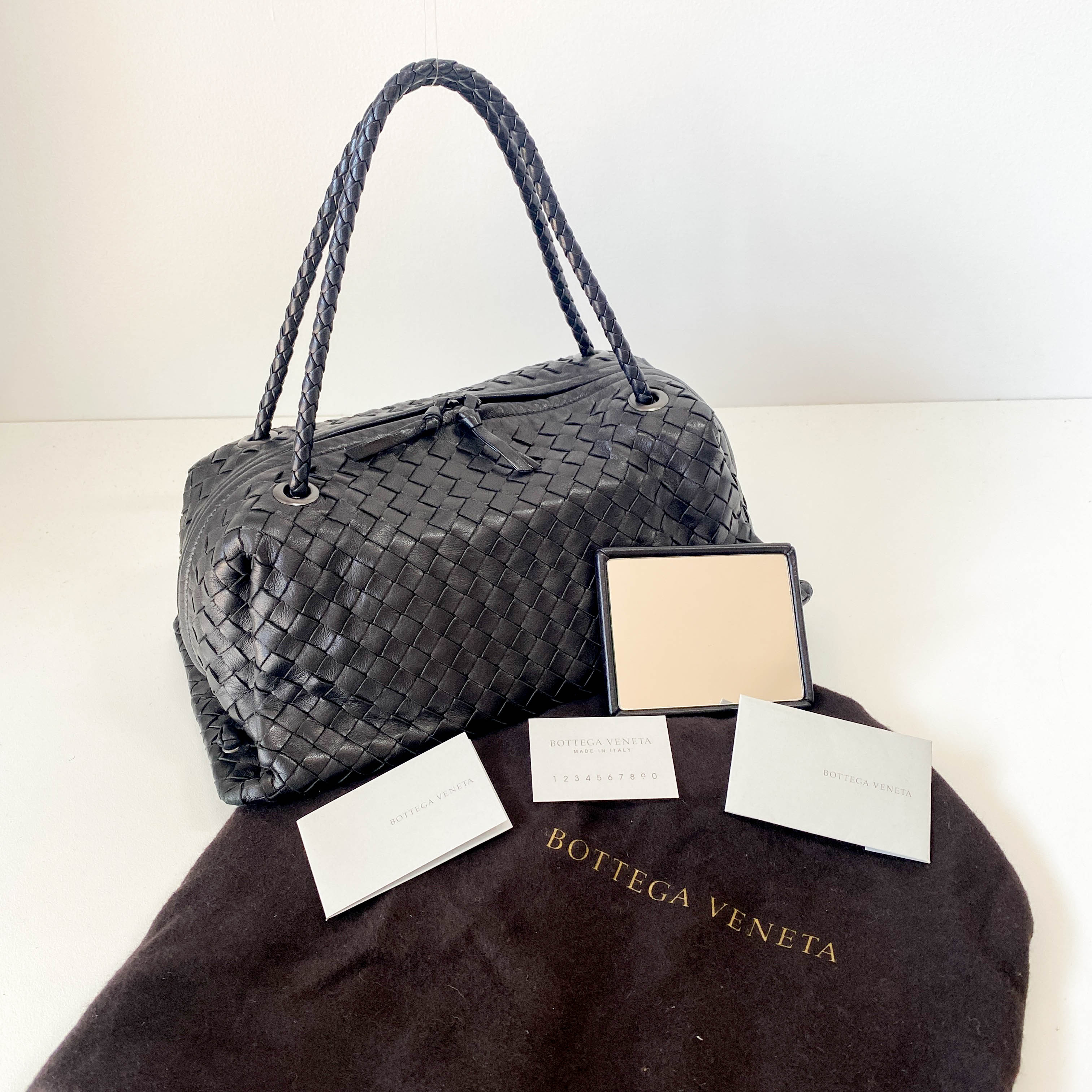 Intrecciato Black Leather Bowling Bag