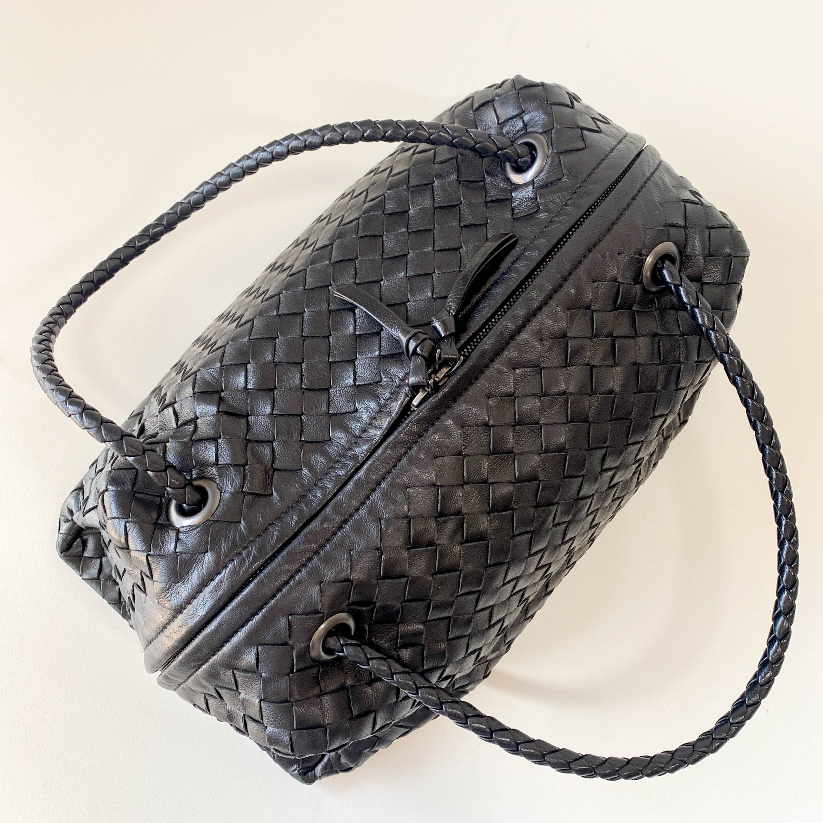 Intrecciato Black Leather Bowling Bag