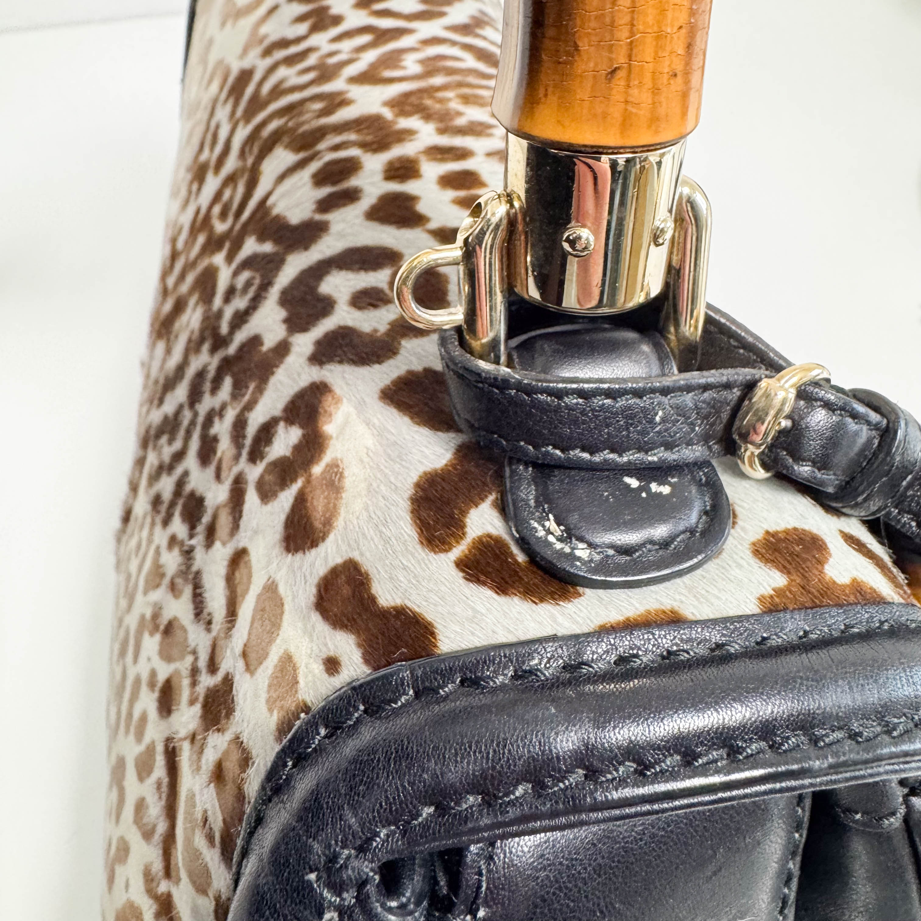 Bamboo Pony Hair Blue Leorapd Print Handbag