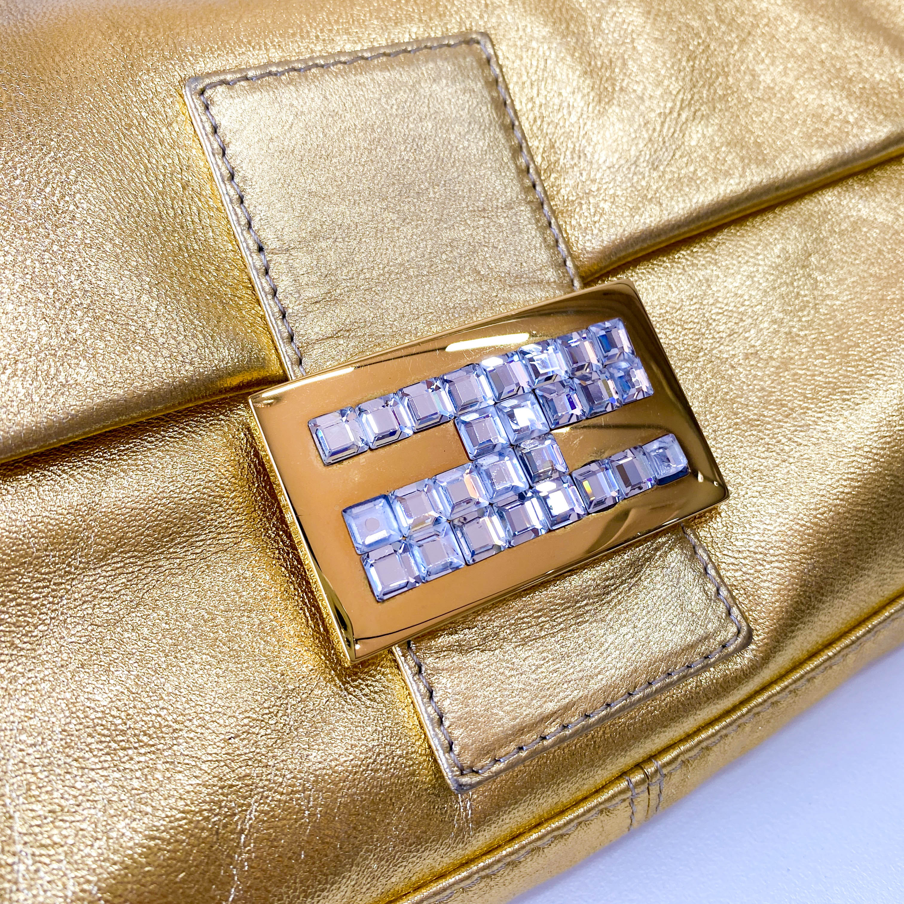 Baguette Gold Leather with Rhinestone Buckle Shoulder Bag