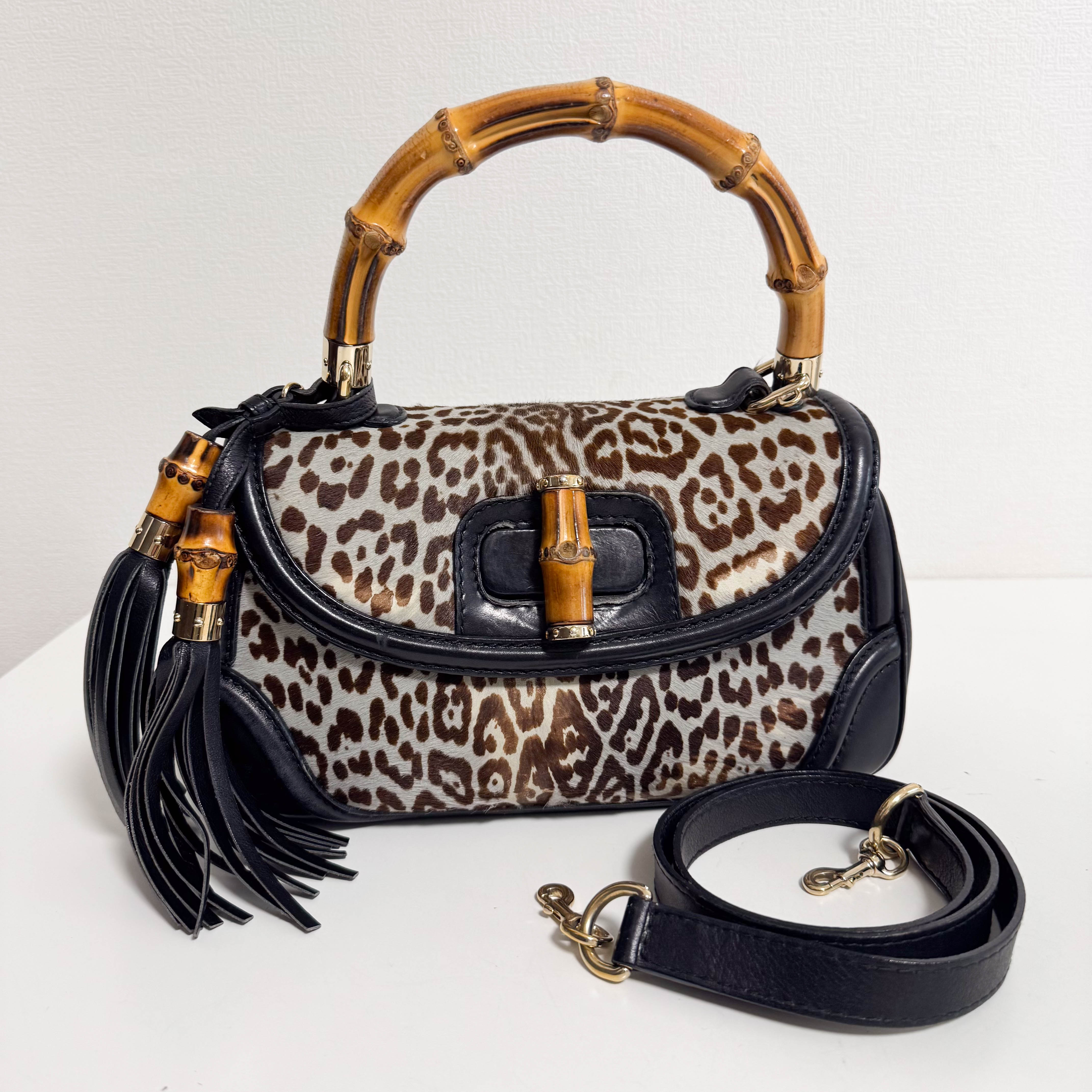 Bamboo Pony Hair Blue Leorapd Print Handbag