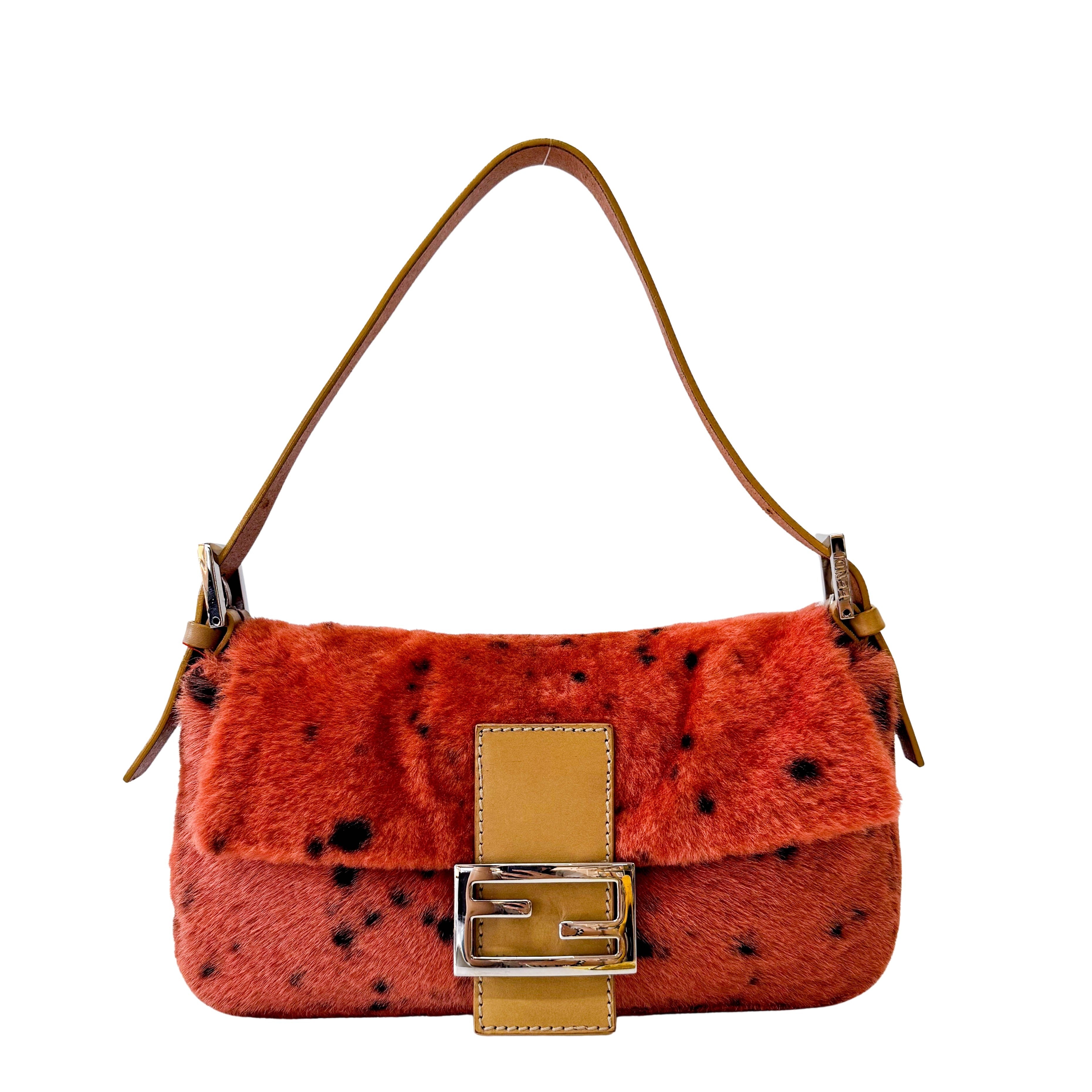 Leopard Orange Pony Hair Baguette Shoulder Bag