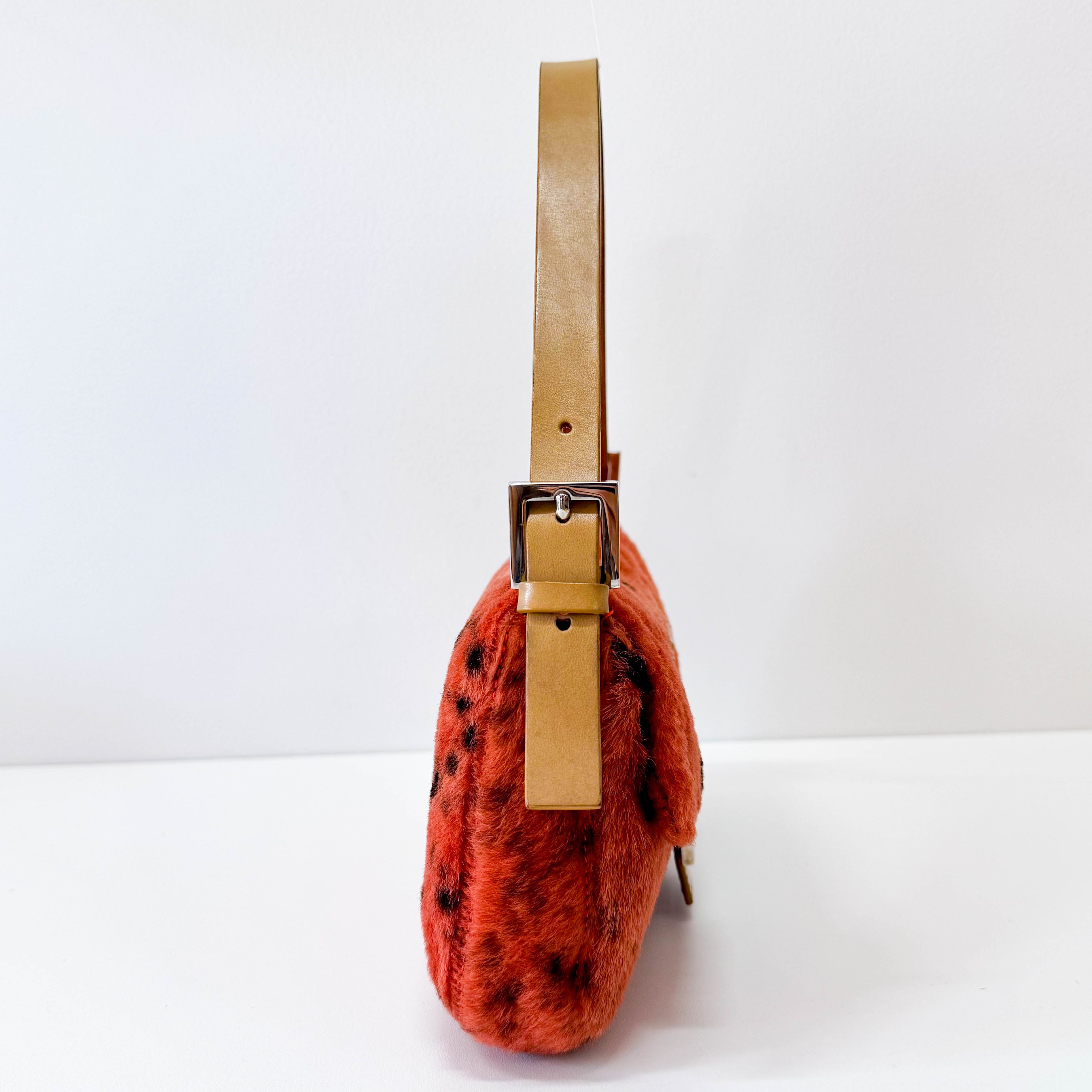 Leopard Orange Pony Hair Baguette Shoulder Bag