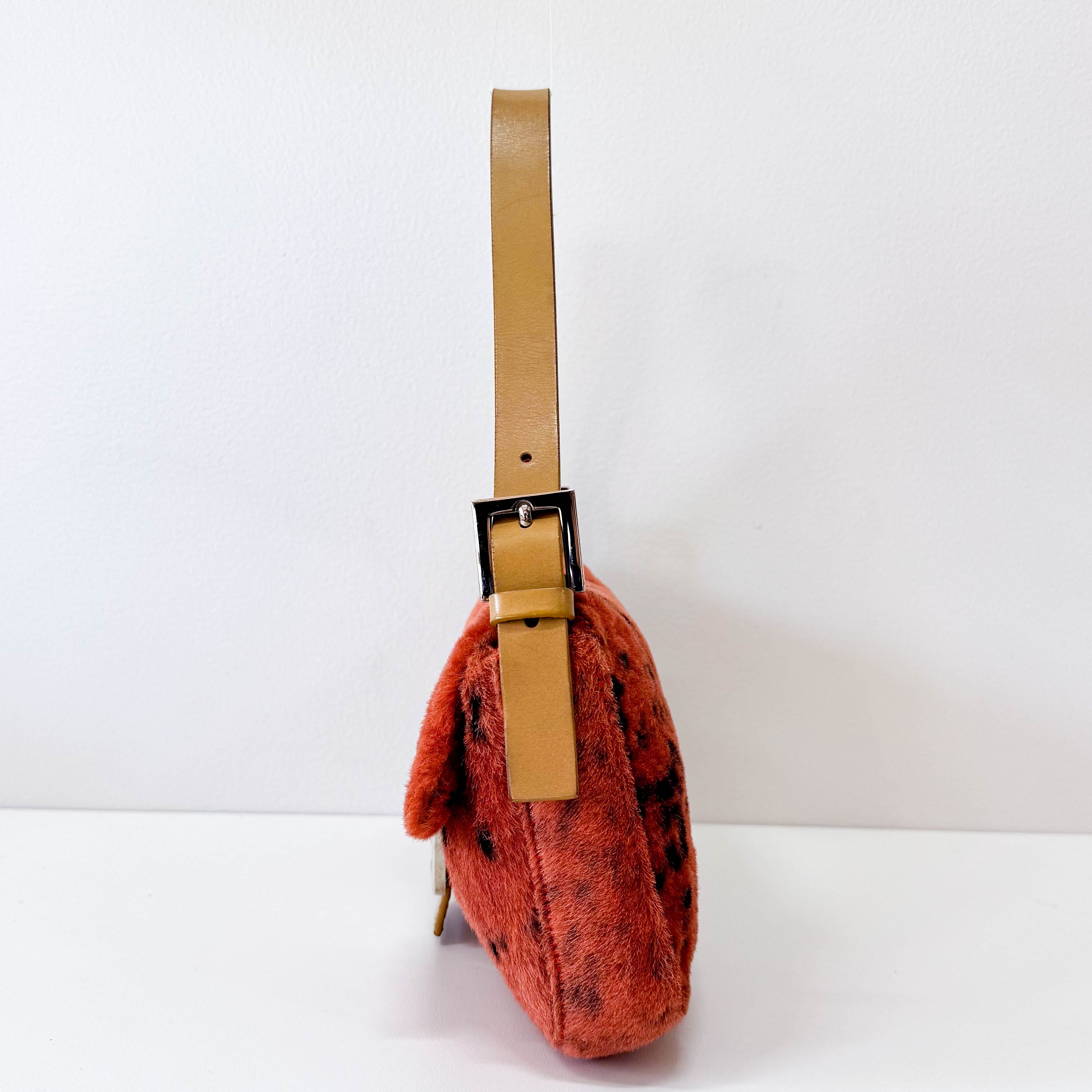 Leopard Orange Pony Hair Baguette Shoulder Bag