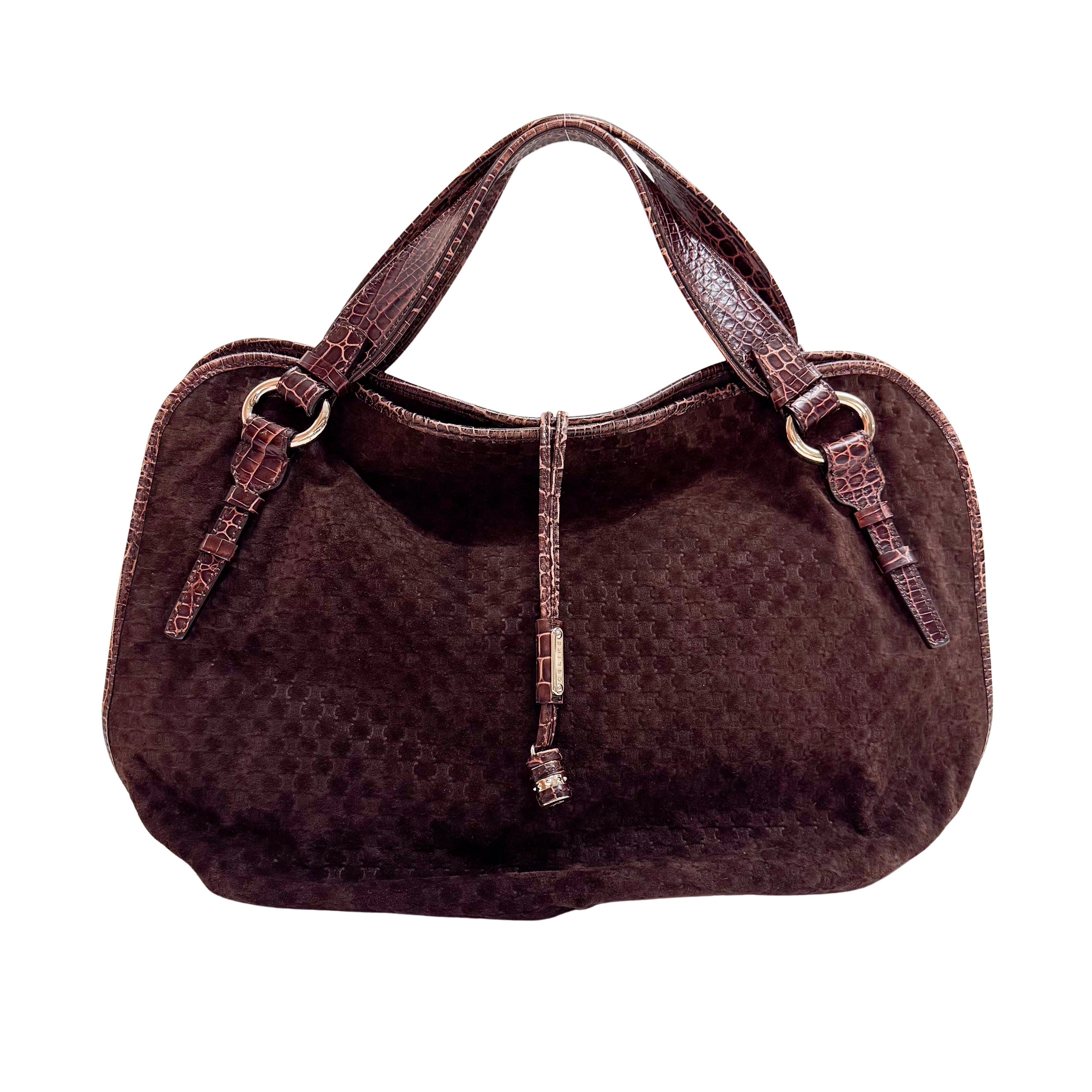Bitter Sweet Brown Croc Leather & Suede Shoulder Bag