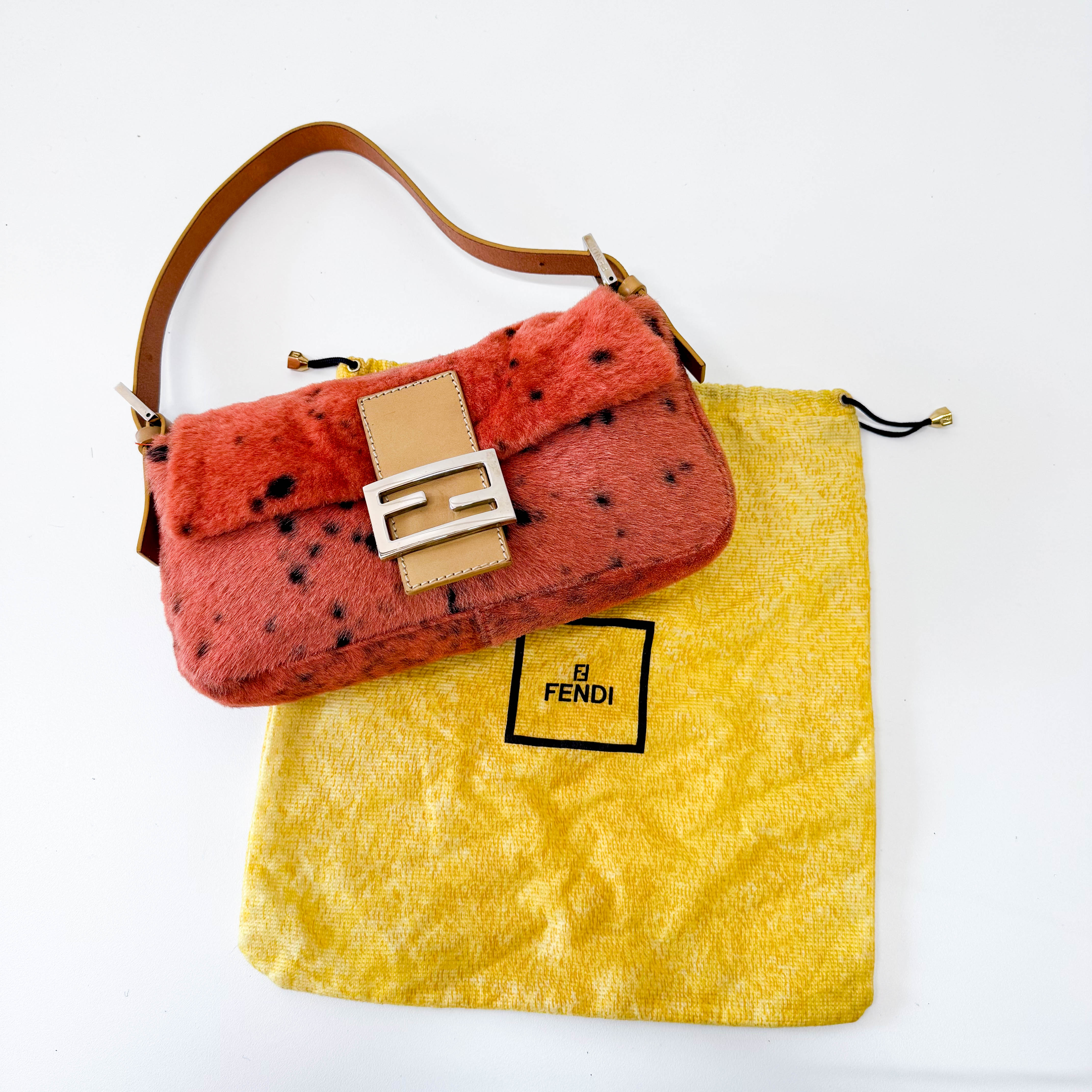 Leopard Orange Pony Hair Baguette Shoulder Bag