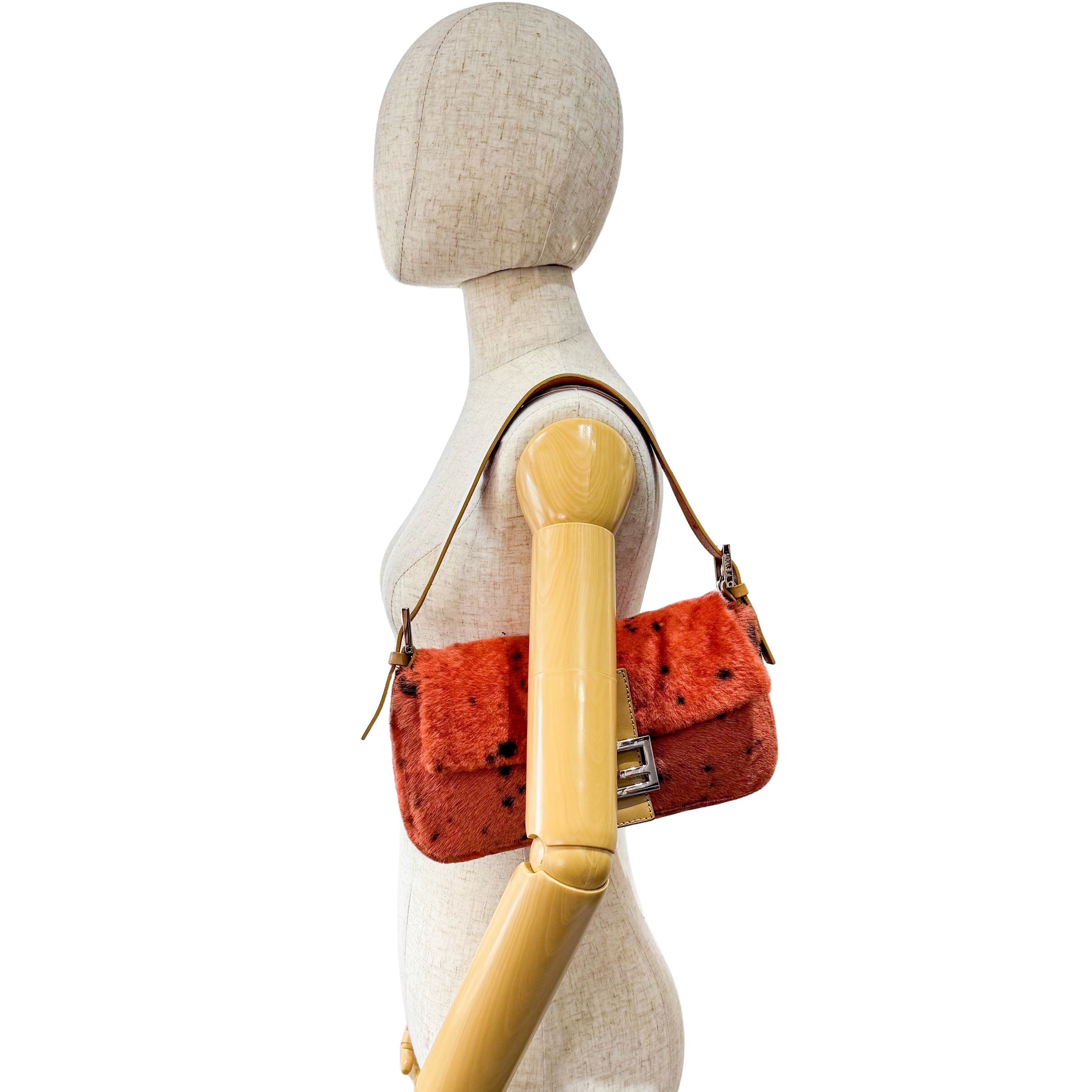 Leopard Orange Pony Hair Baguette Shoulder Bag