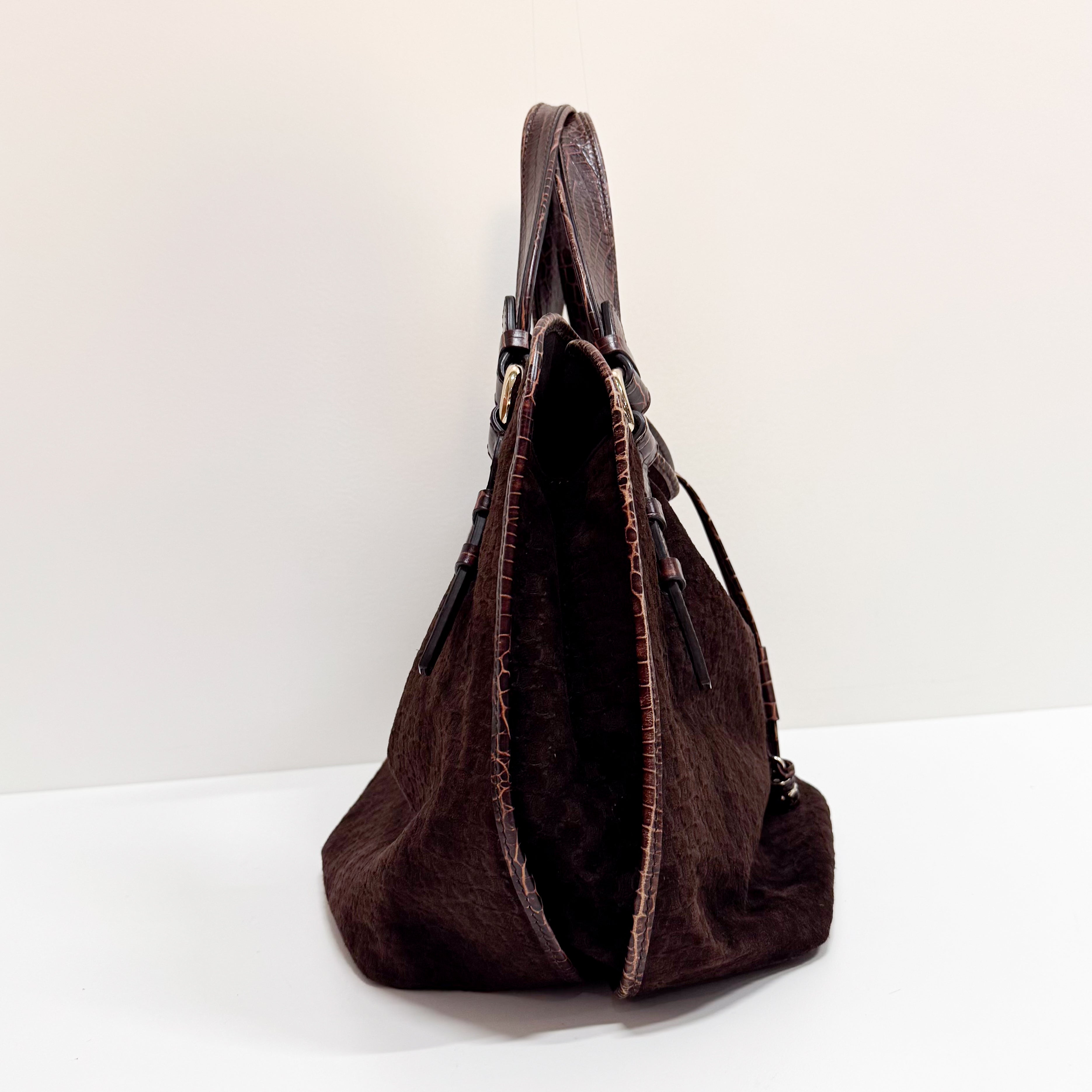 Bitter Sweet Brown Croc Leather & Suede Shoulder Bag