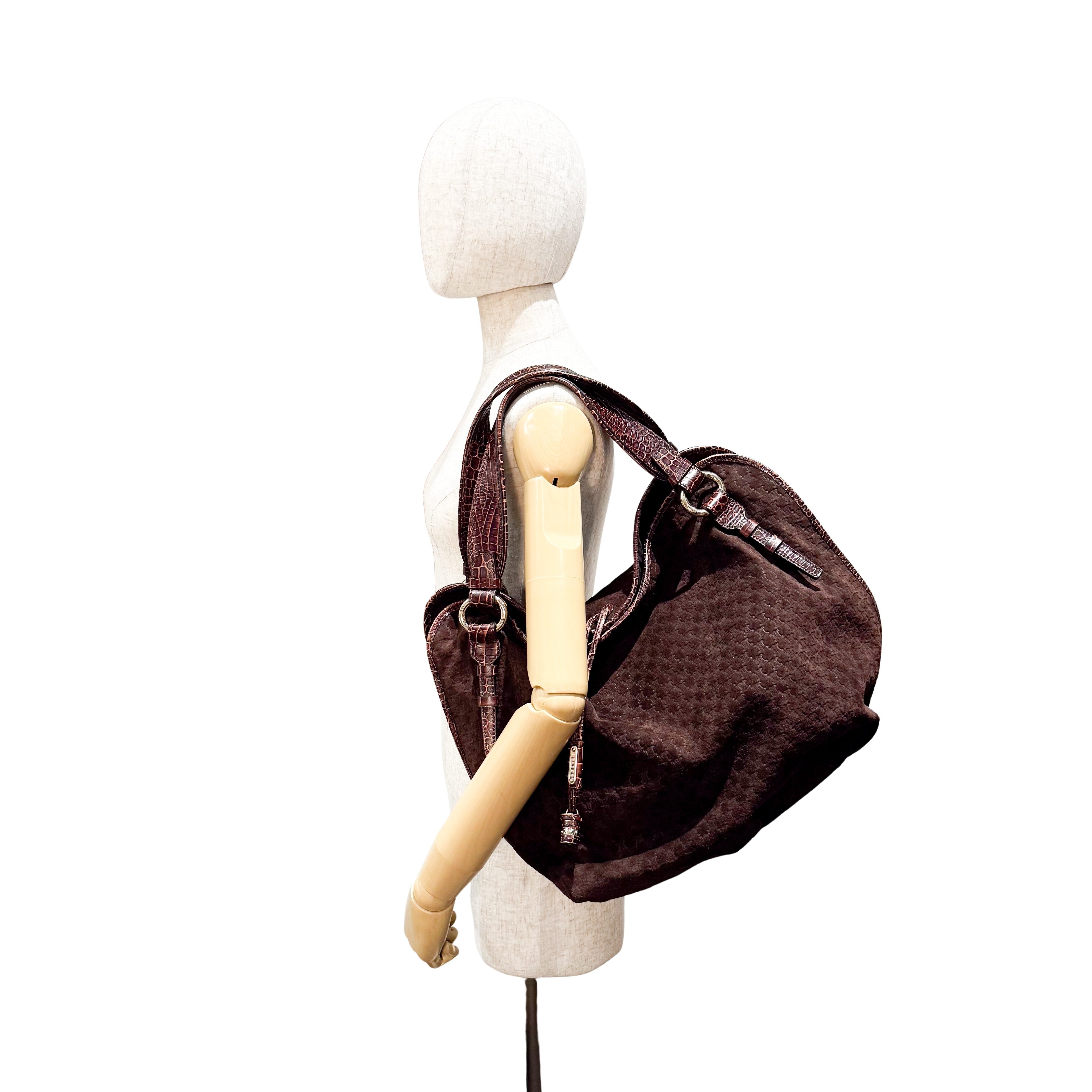 Bitter Sweet Brown Croc Leather & Suede Shoulder Bag