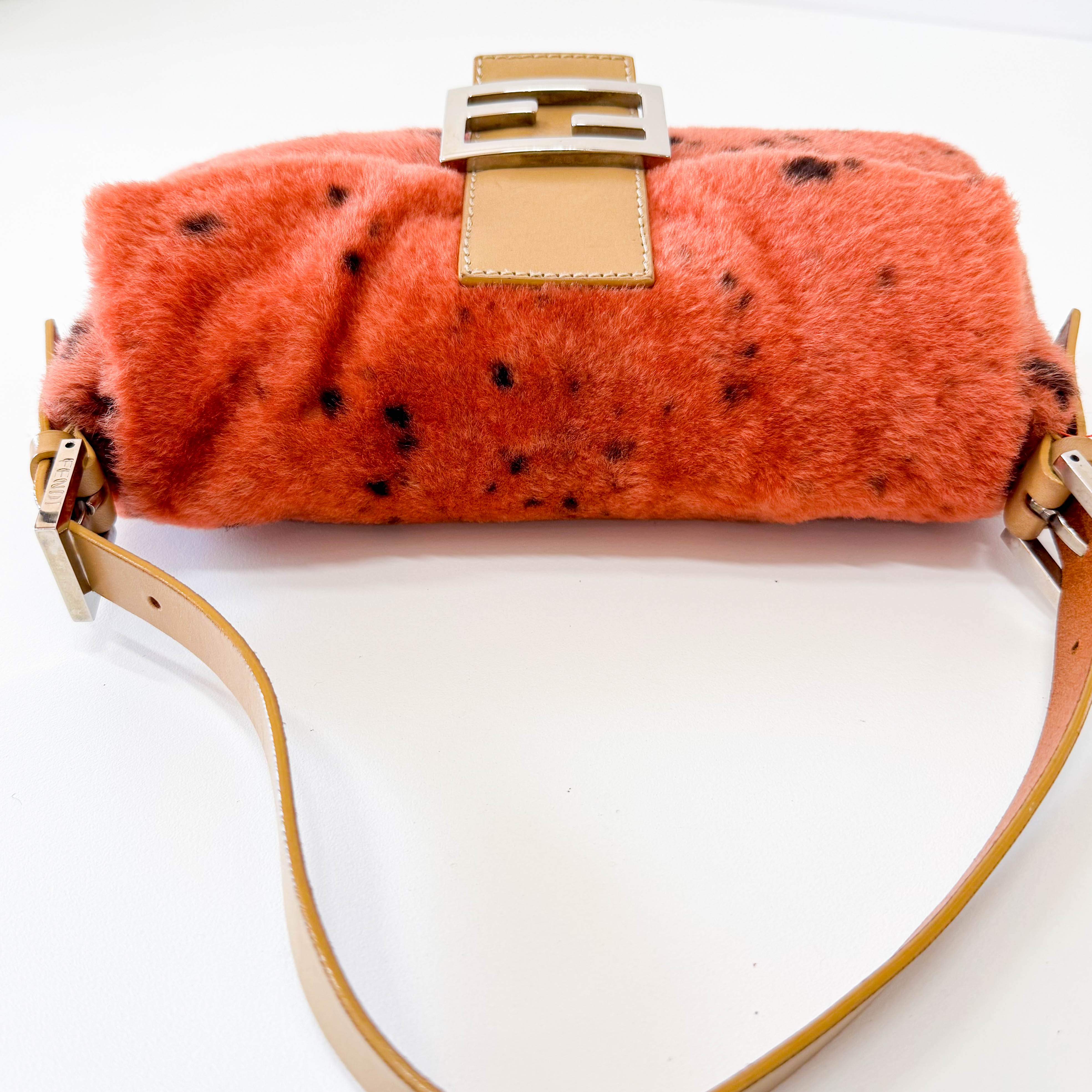 Leopard Orange Pony Hair Baguette Shoulder Bag