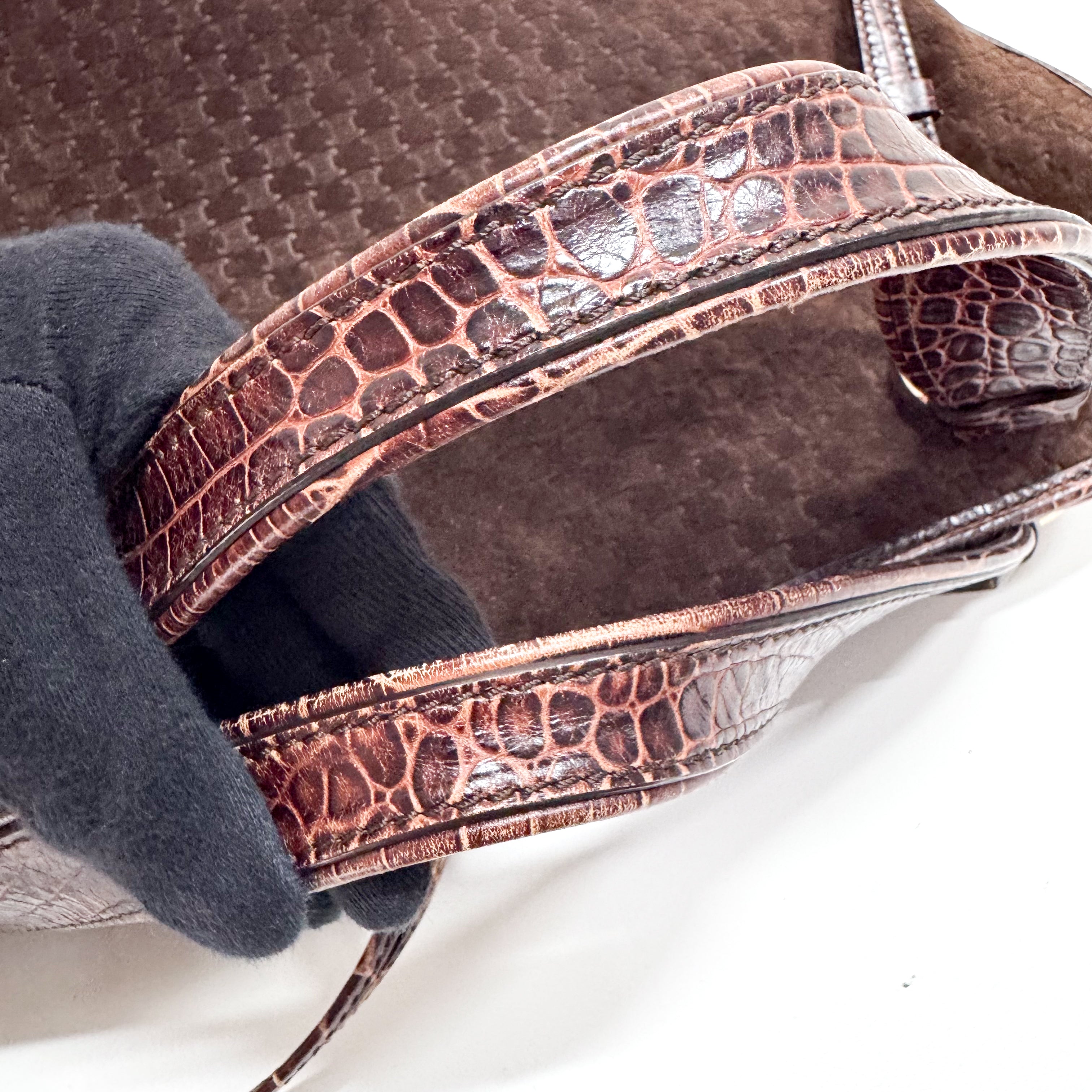 Bitter Sweet Brown Croc Leather & Suede Shoulder Bag
