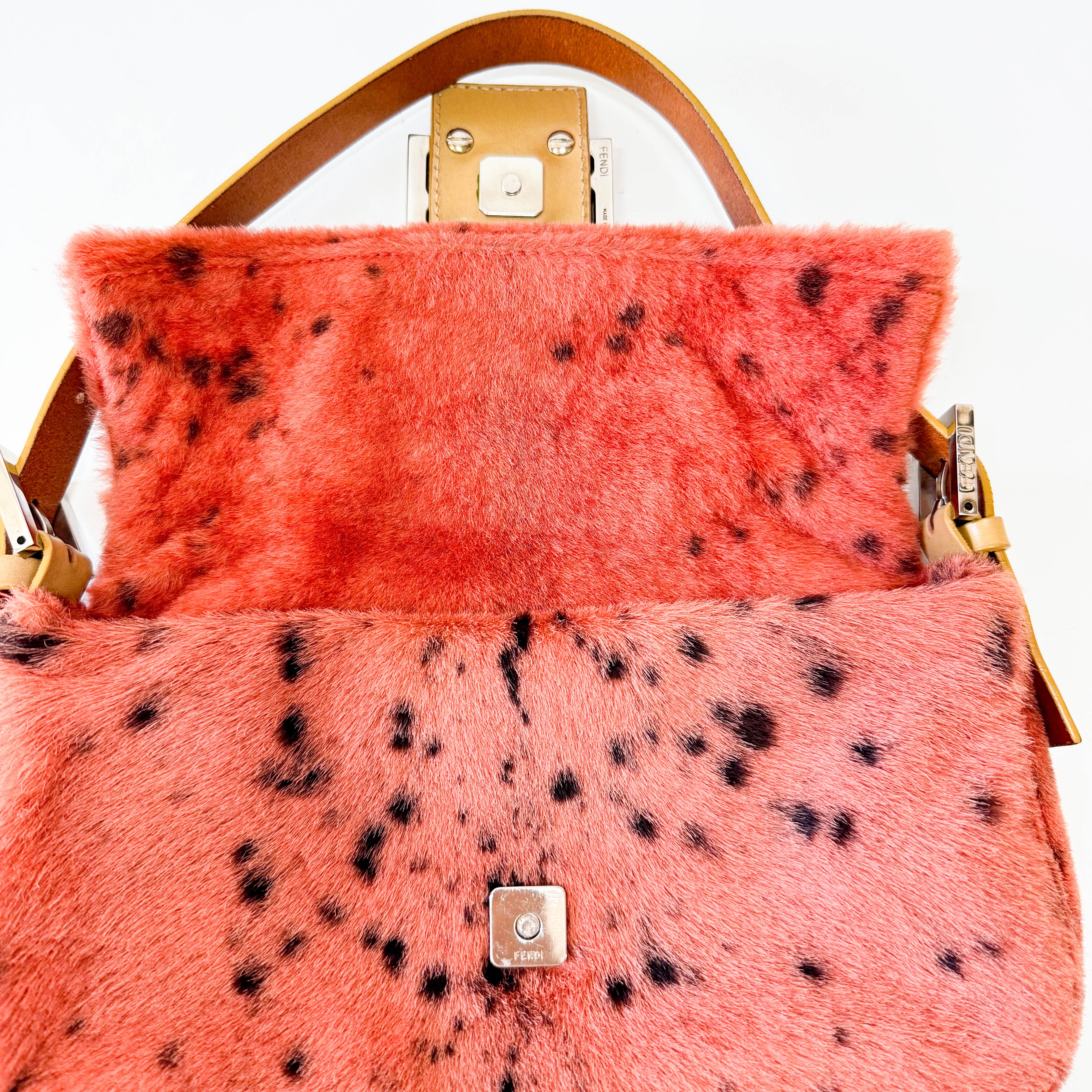Leopard Orange Pony Hair Baguette Shoulder Bag