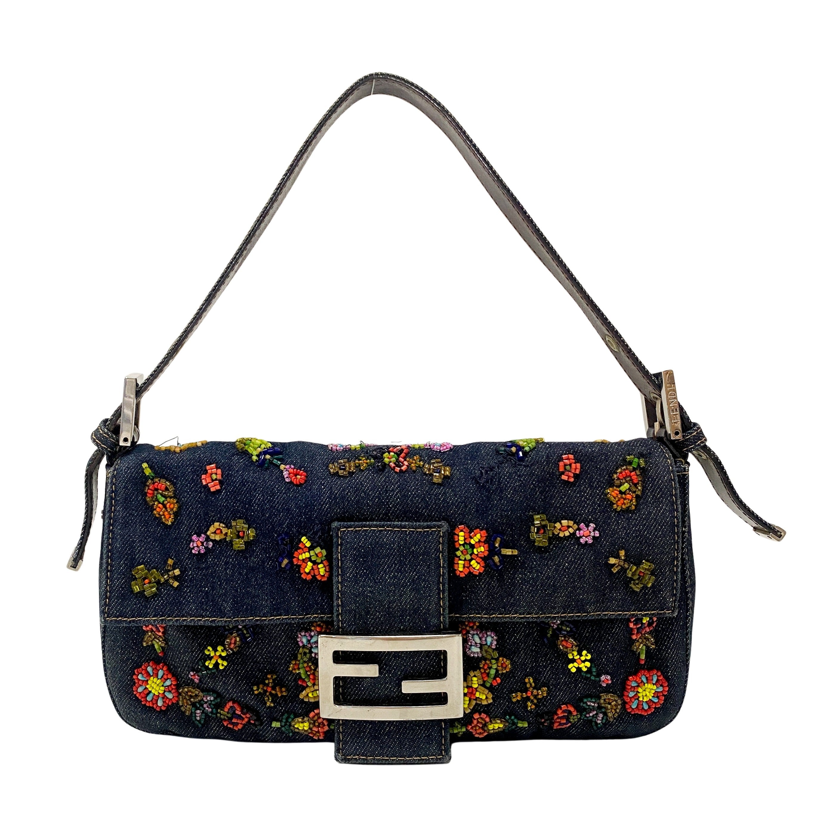 Baguette Embroidered Beads Blue Denim Shoulder Bag