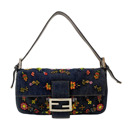 Baguette Embroidered Beads Blue Denim Shoulder Bag