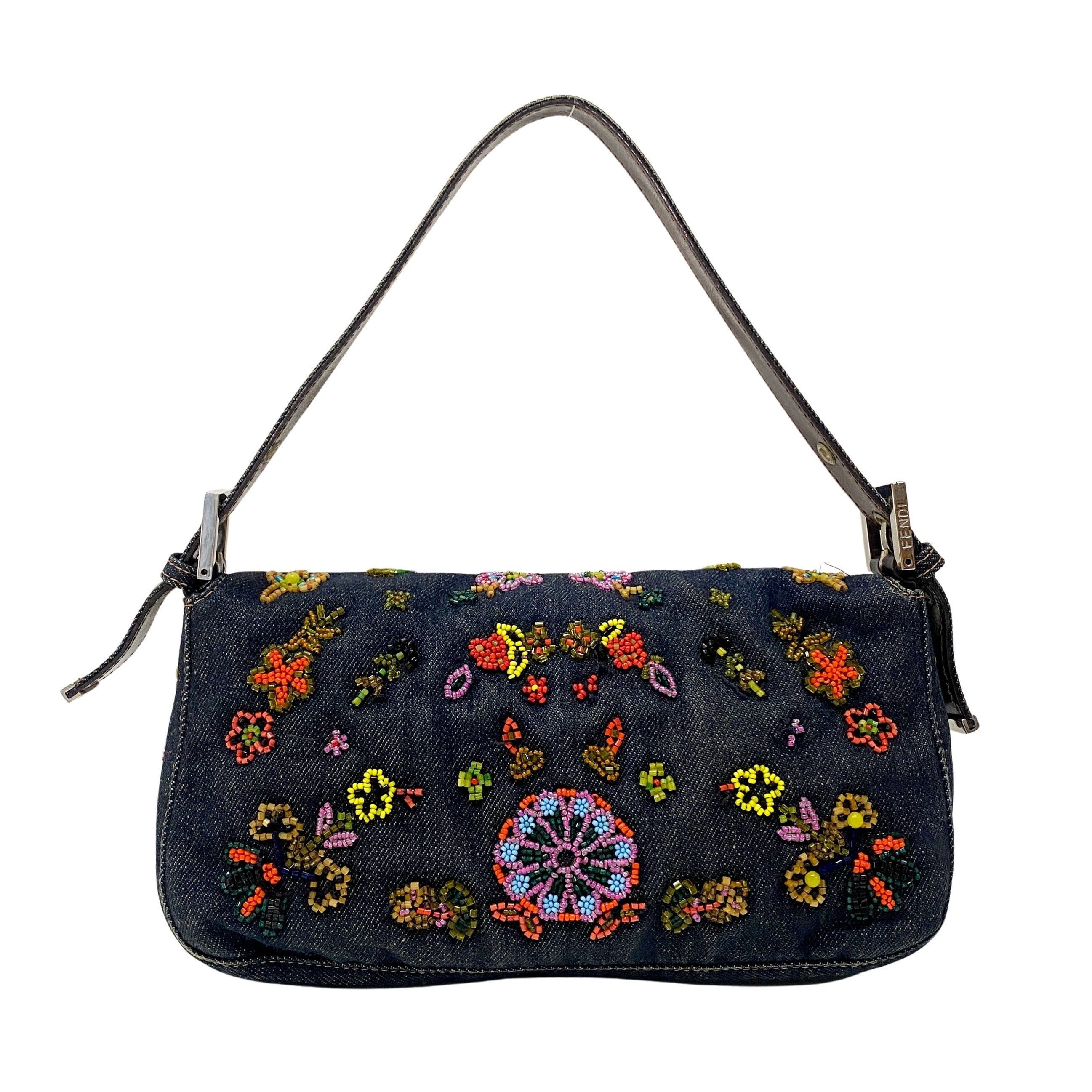 Baguette Embroidered Beads Blue Denim Shoulder Bag