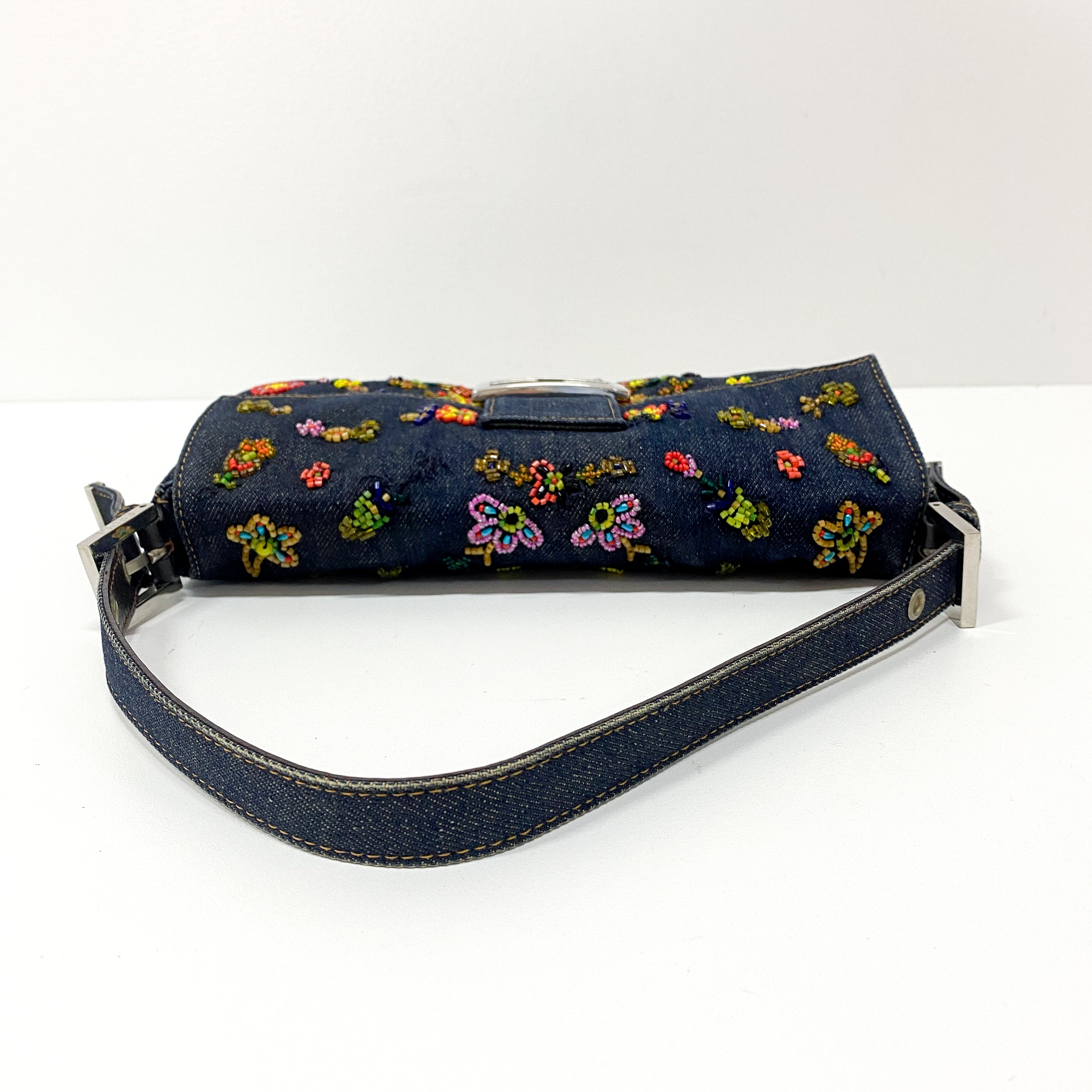 Baguette Embroidered Beads Blue Denim Shoulder Bag