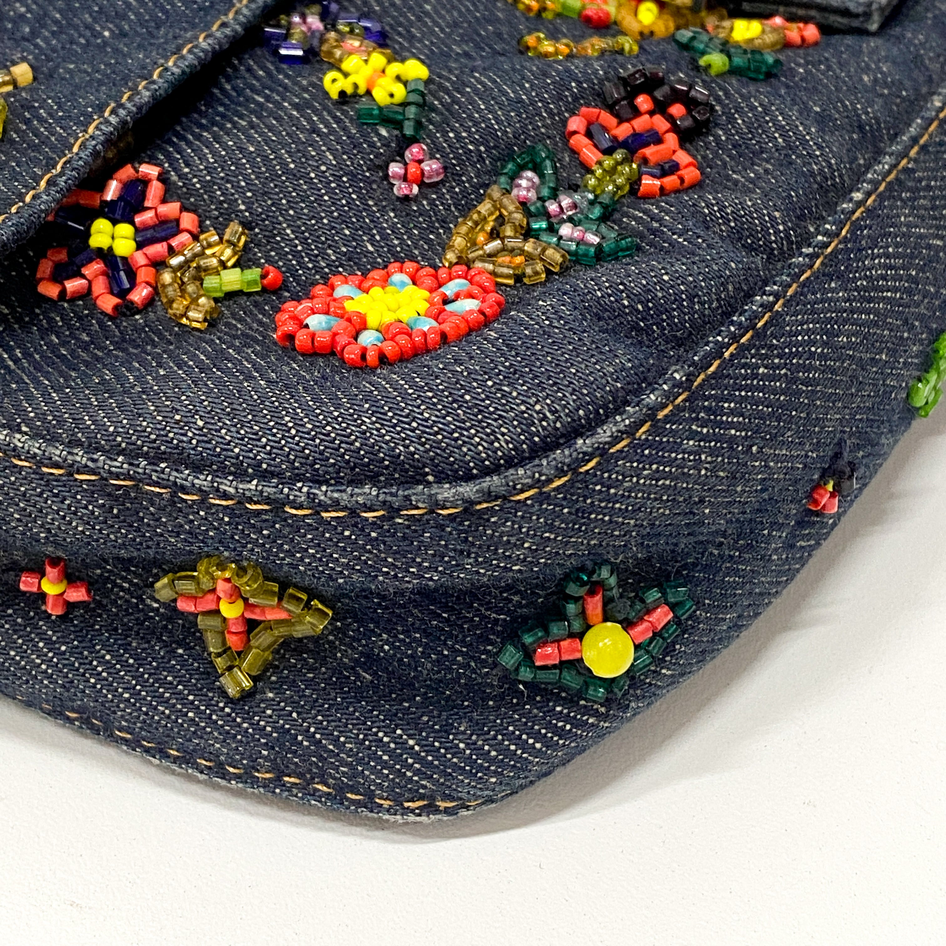 Baguette Embroidered Beads Blue Denim Shoulder Bag