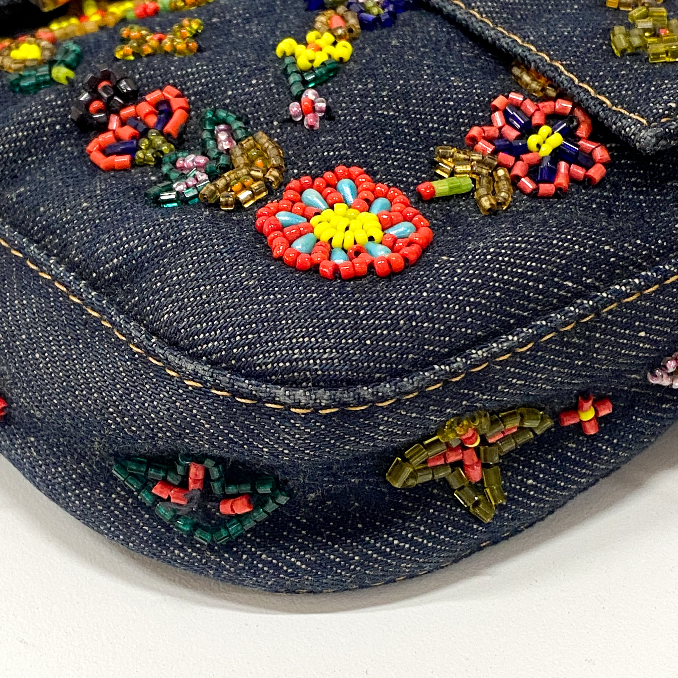 Baguette Embroidered Beads Blue Denim Shoulder Bag