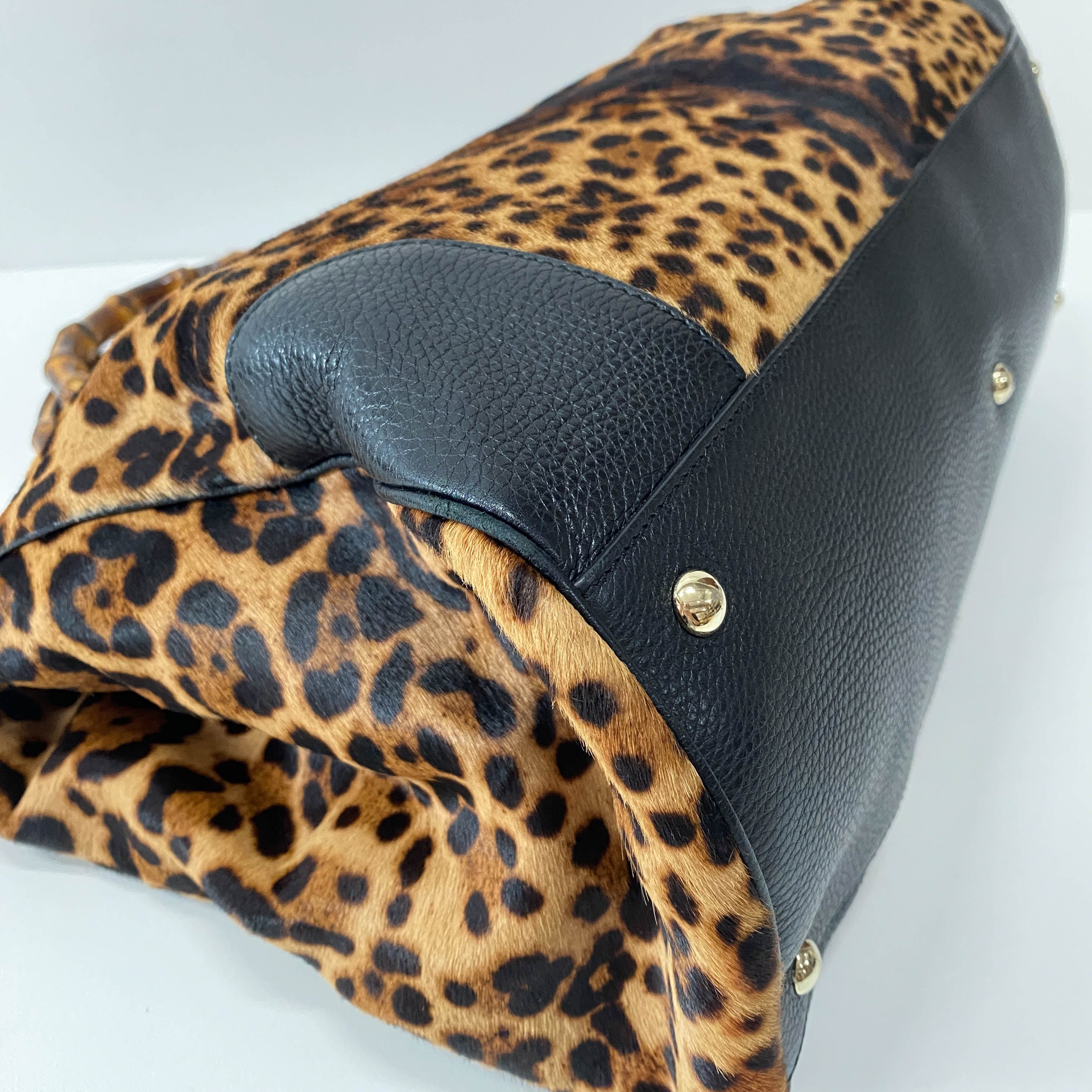 Bamboo Leopard Print Pony Hair Shoulder Bag