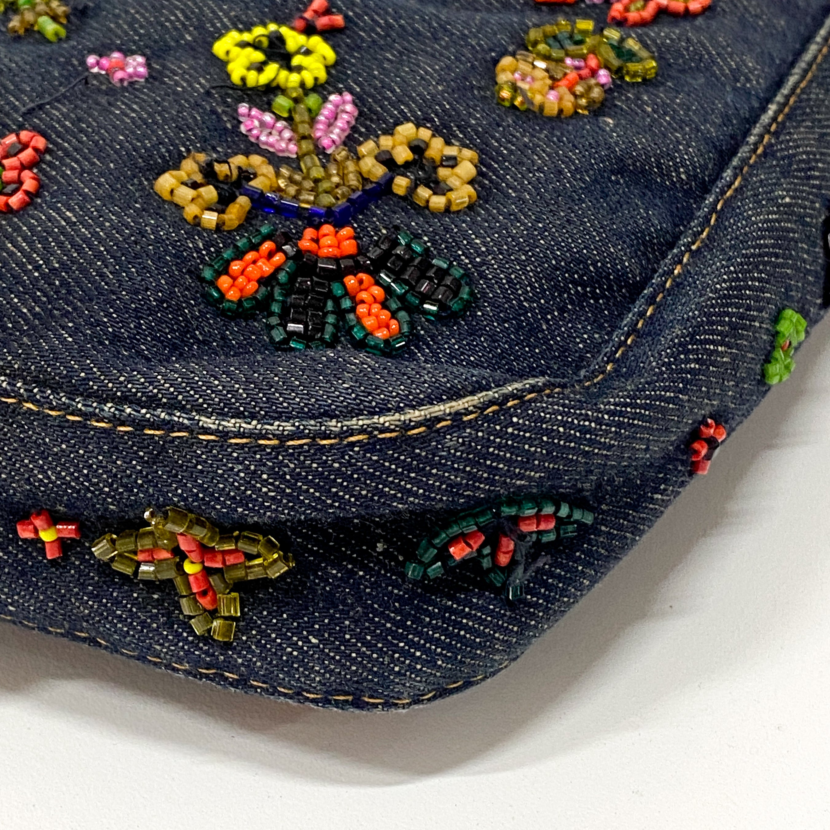 Baguette Embroidered Beads Blue Denim Shoulder Bag