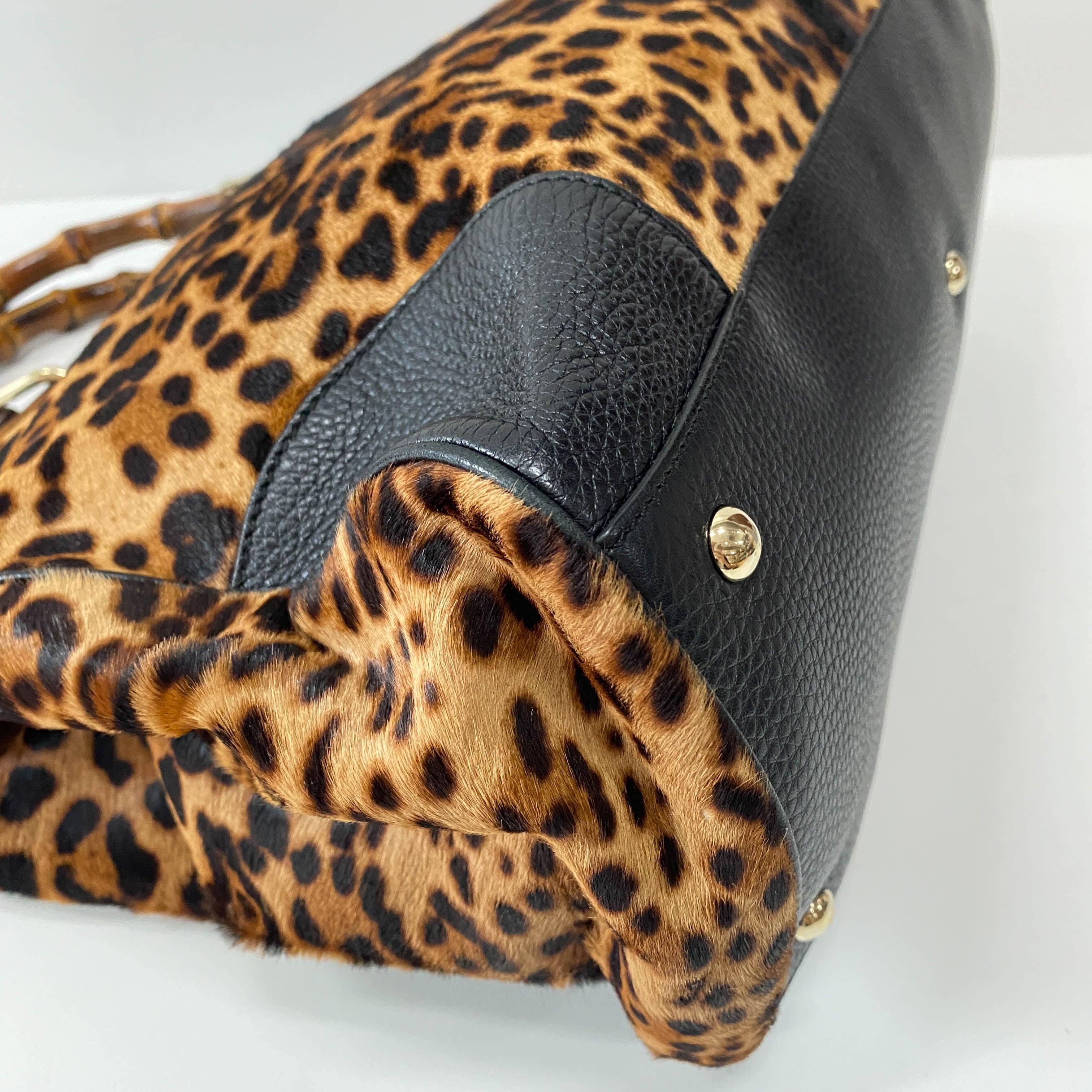 Bamboo Leopard Print Pony Hair Shoulder Bag