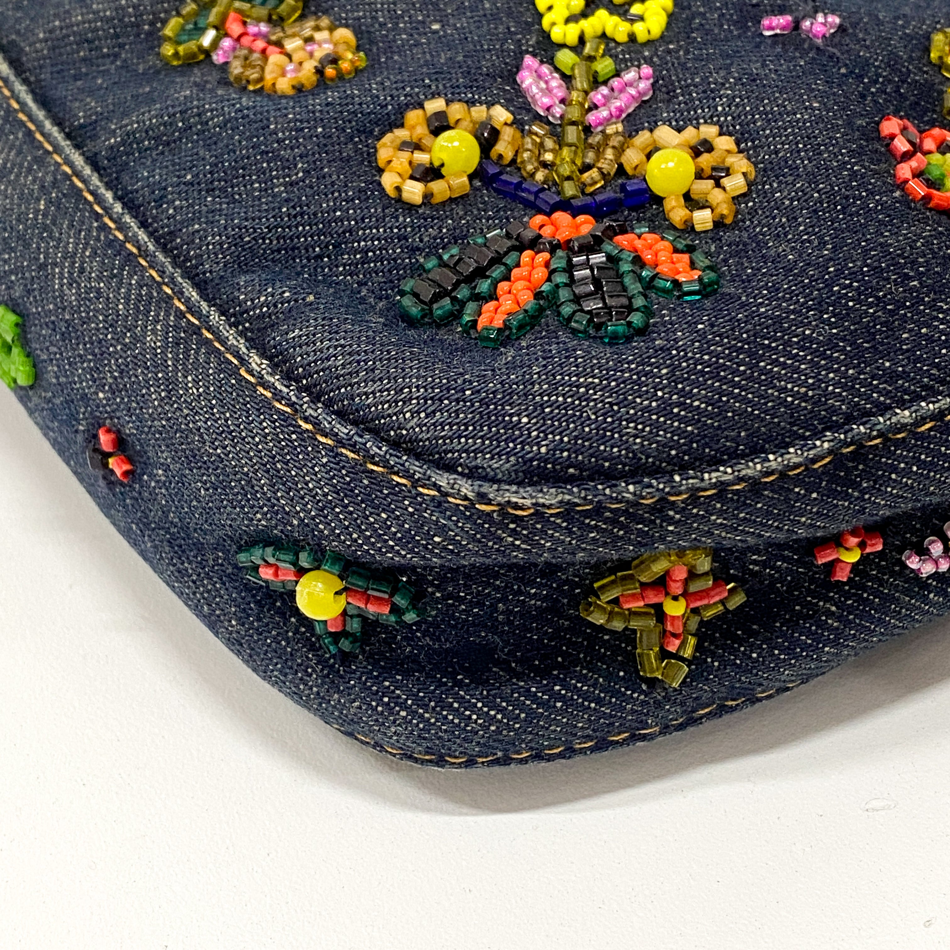 Baguette Embroidered Beads Blue Denim Shoulder Bag