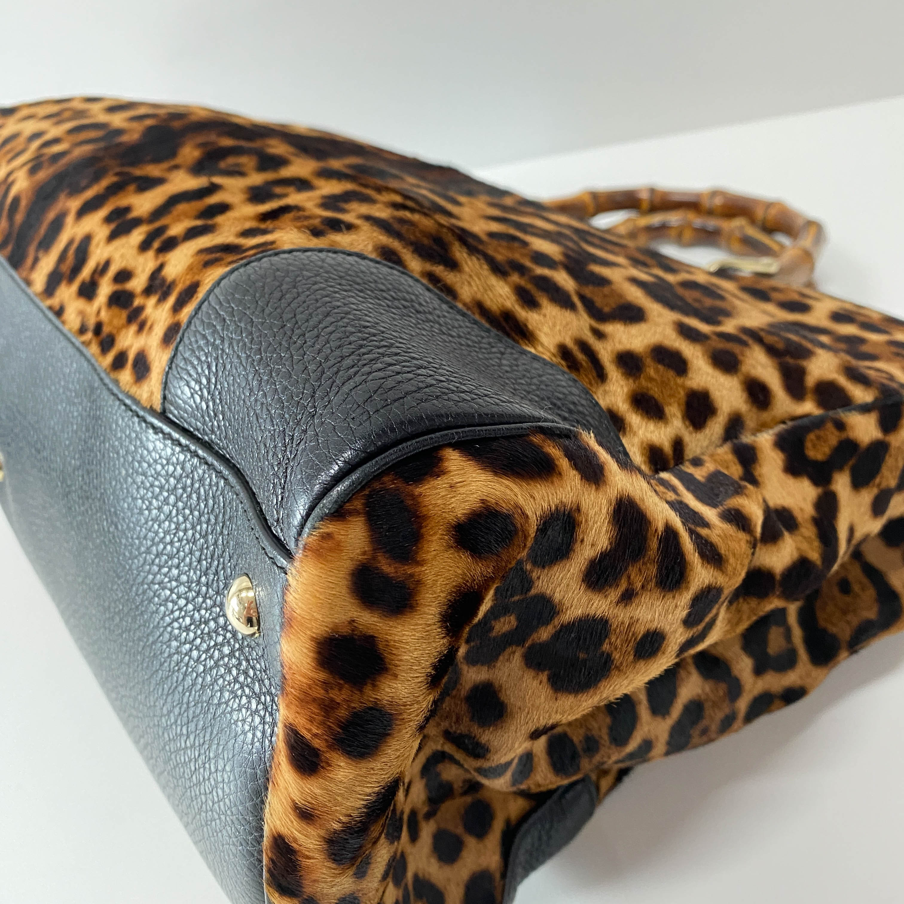 Bamboo Leopard Print Pony Hair Shoulder Bag