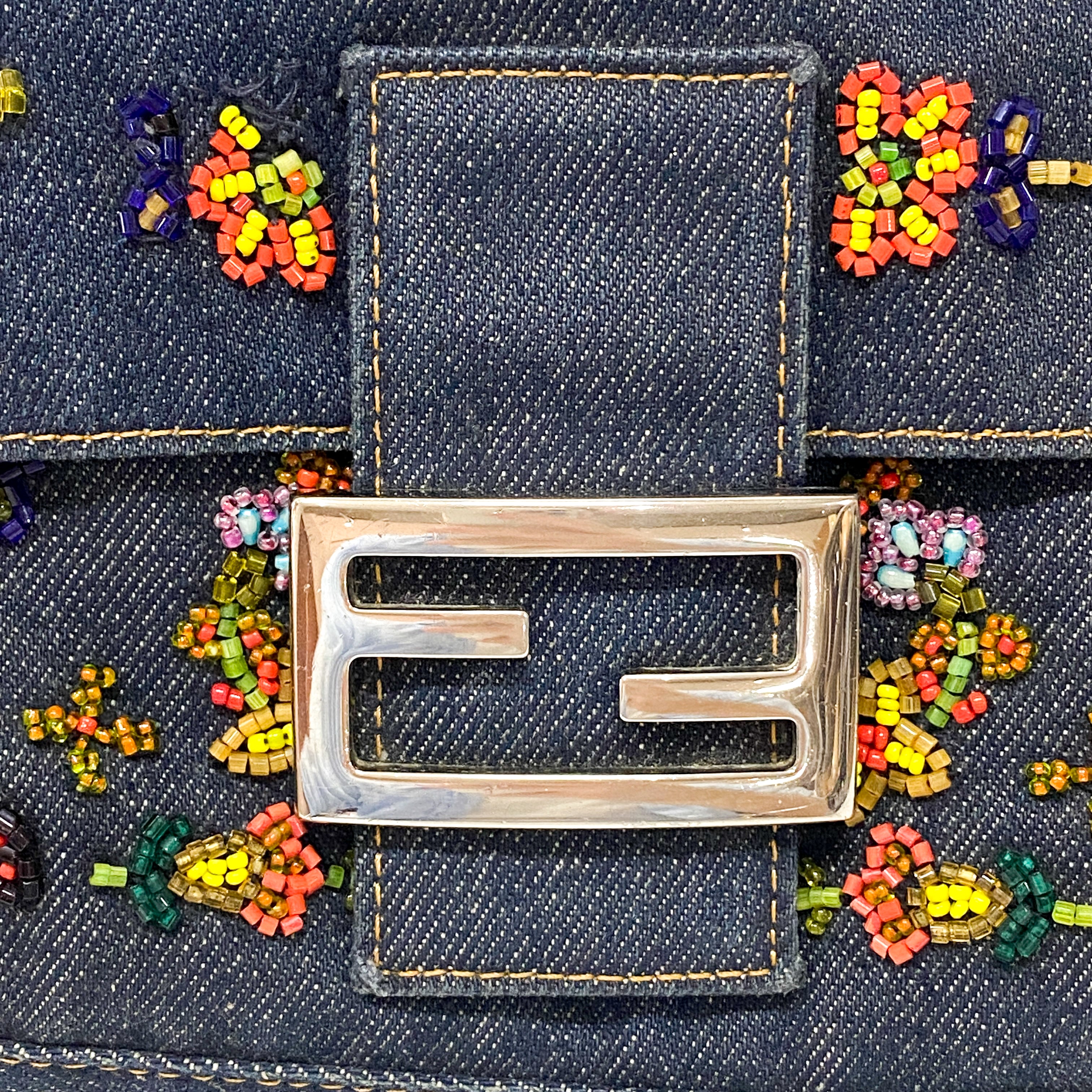 Baguette Embroidered Beads Blue Denim Shoulder Bag