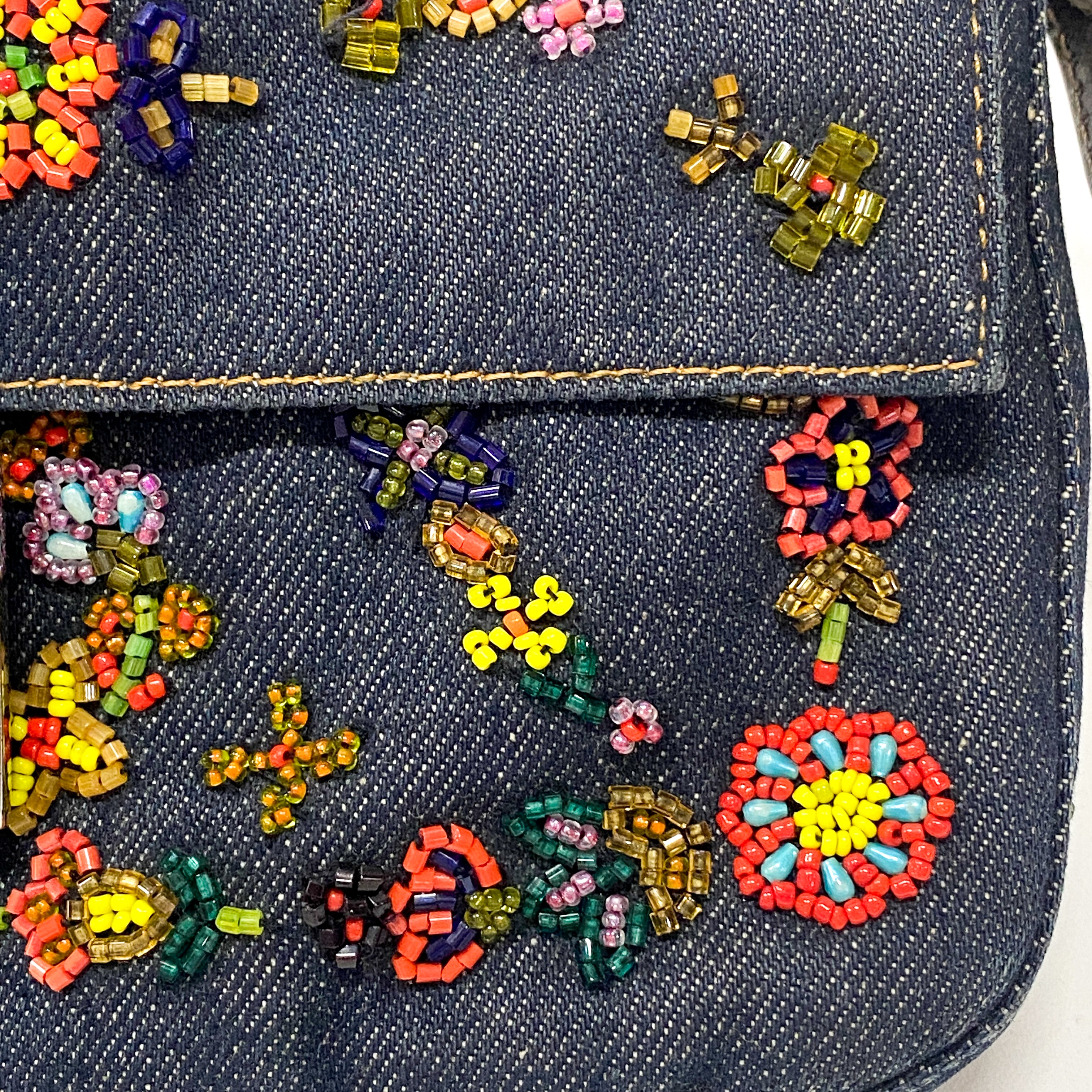 Baguette Embroidered Beads Blue Denim Shoulder Bag