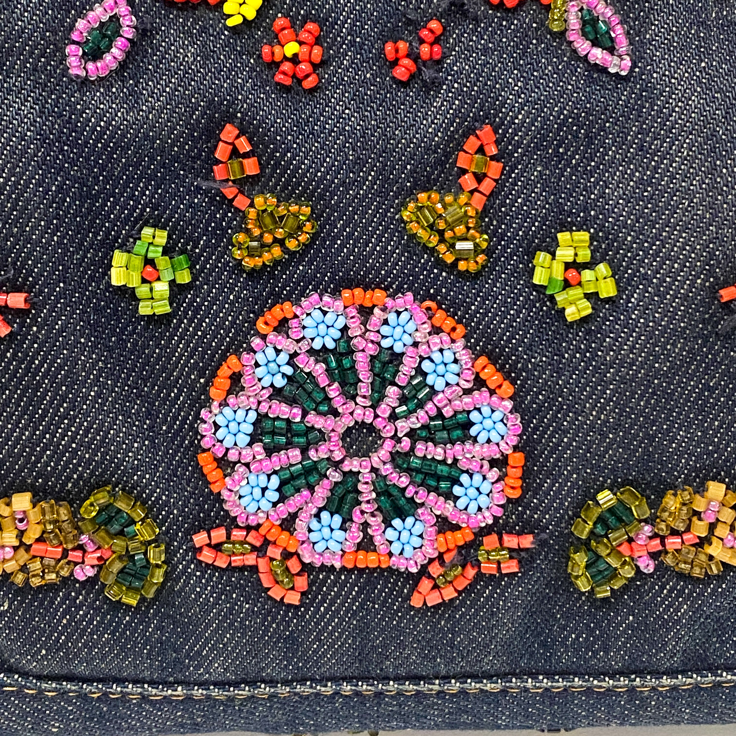 Baguette Embroidered Beads Blue Denim Shoulder Bag