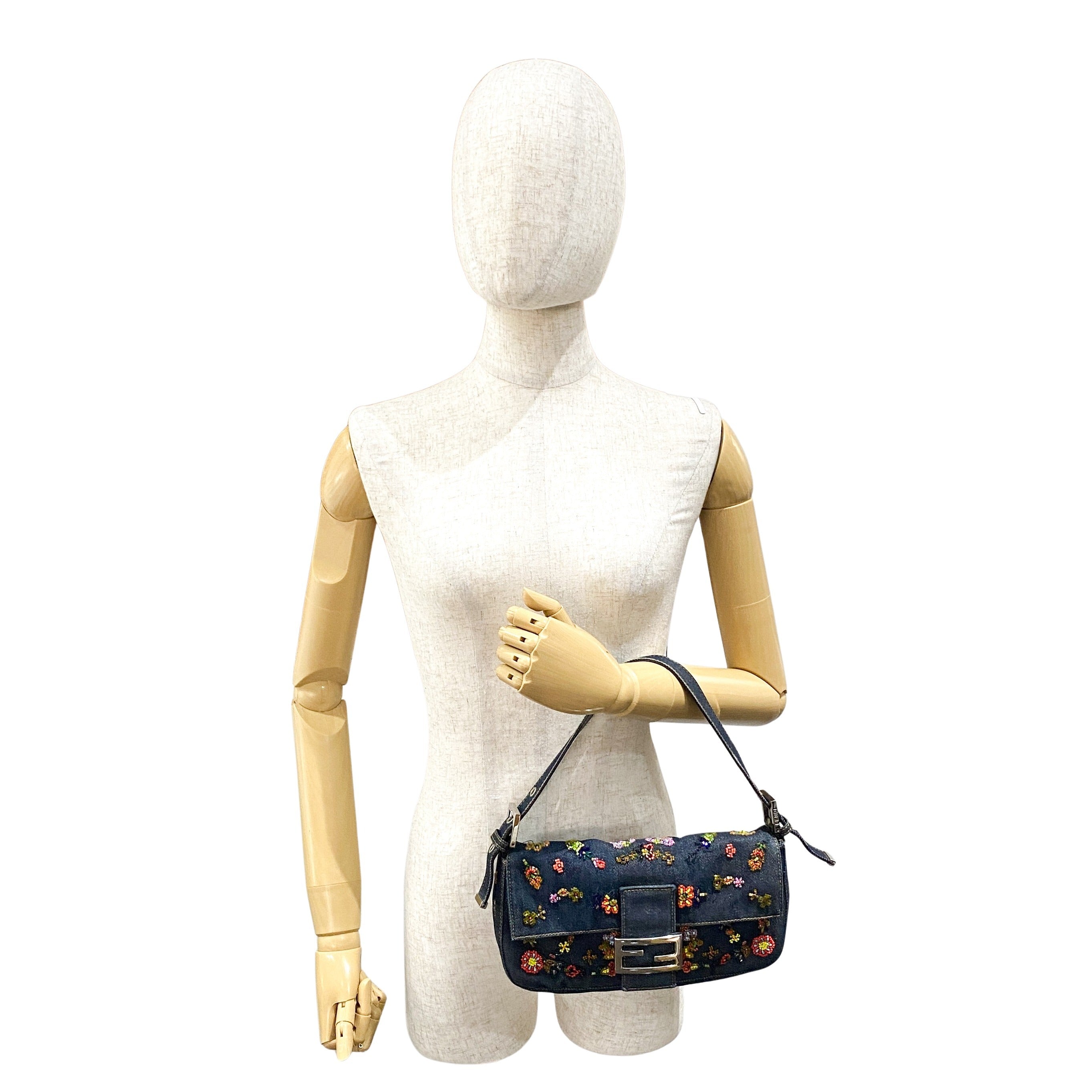Baguette Embroidered Beads Blue Denim Shoulder Bag