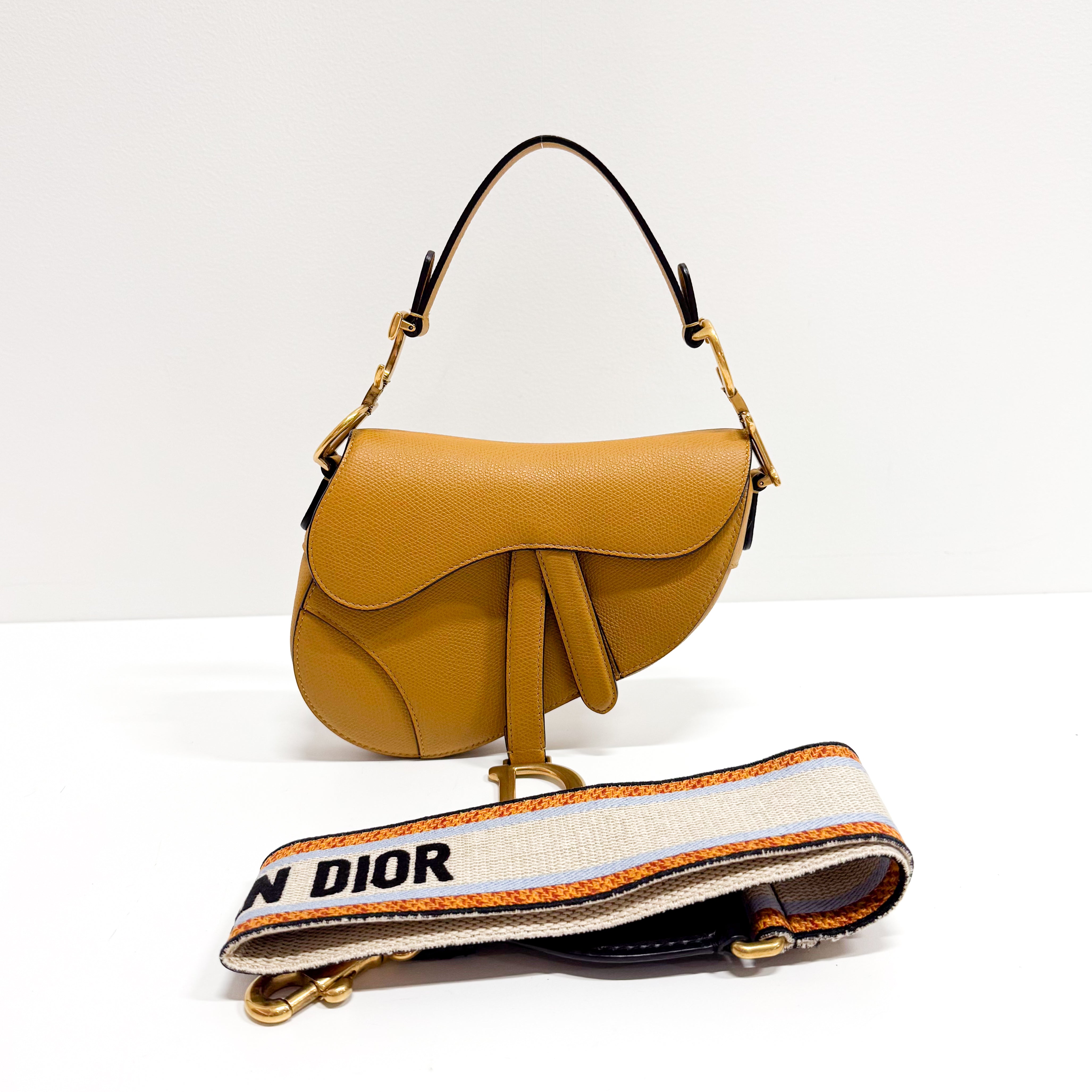 Mini Yellow Calfskin Leather Saddle Two Way Bag