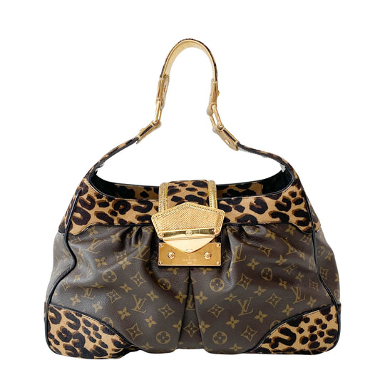 Polly Brown Monogram Pony Hair Leopard Print Shoulder Bag