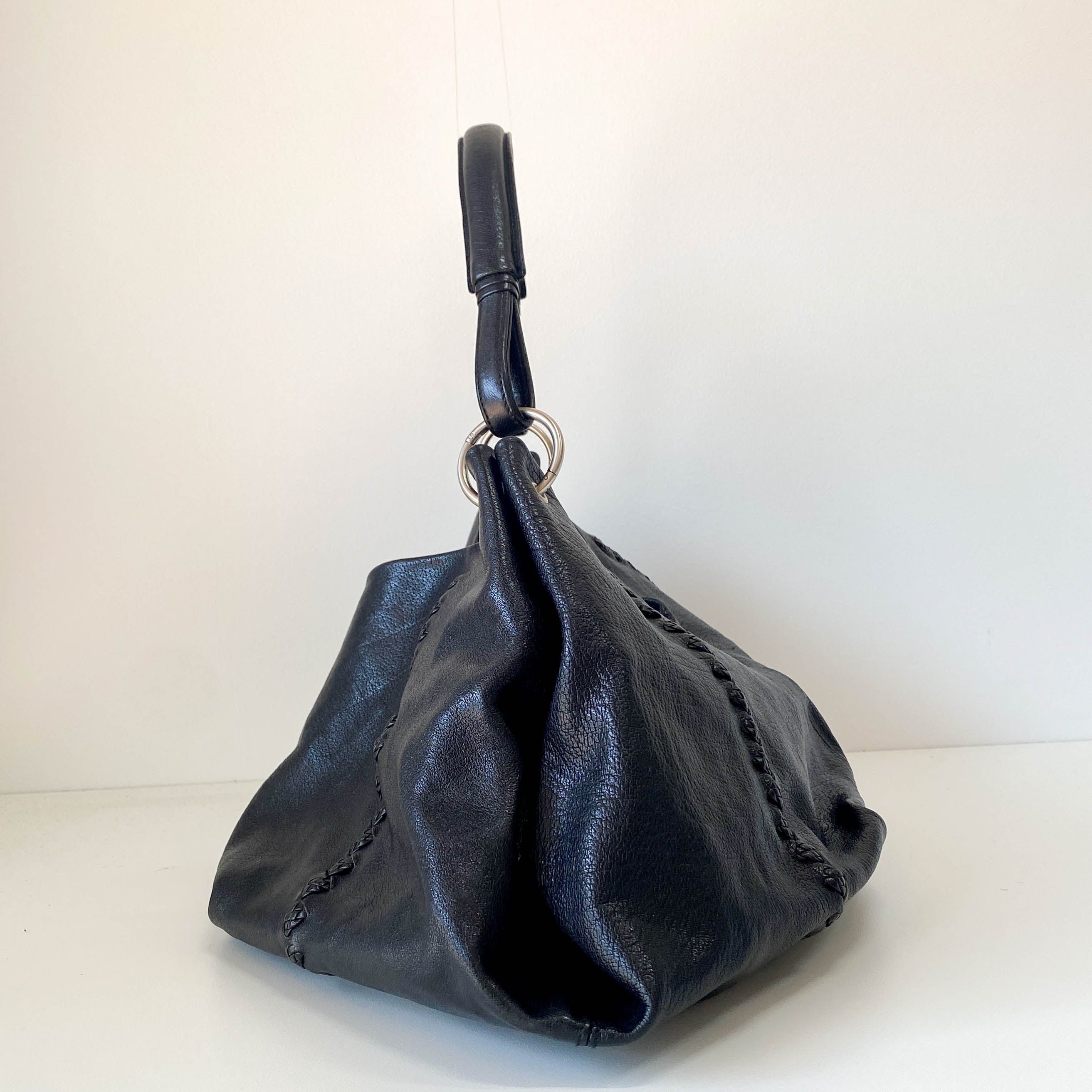 Black Leather Shoulder Bag with Intrecciato Details