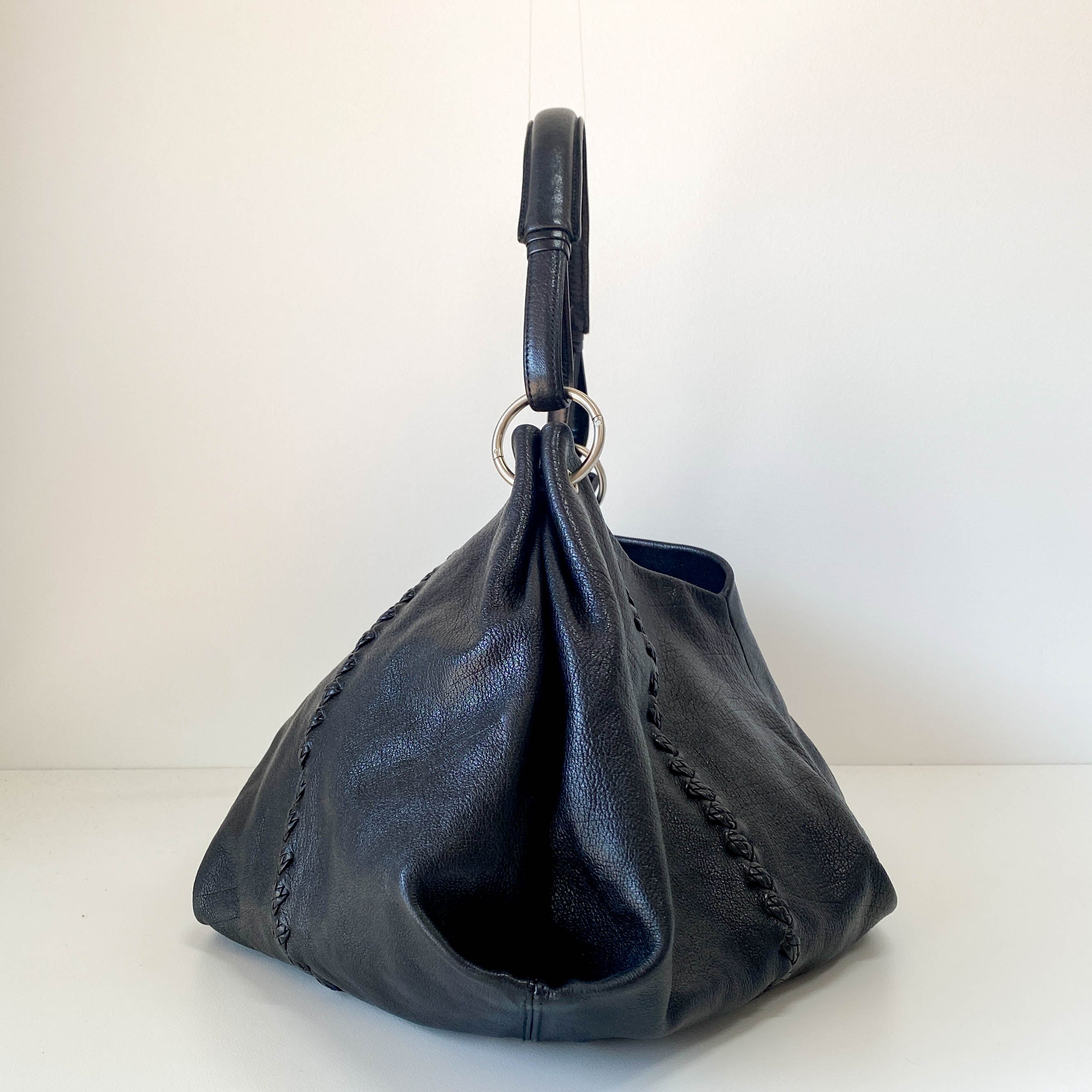 Black Leather Shoulder Bag with Intrecciato Details