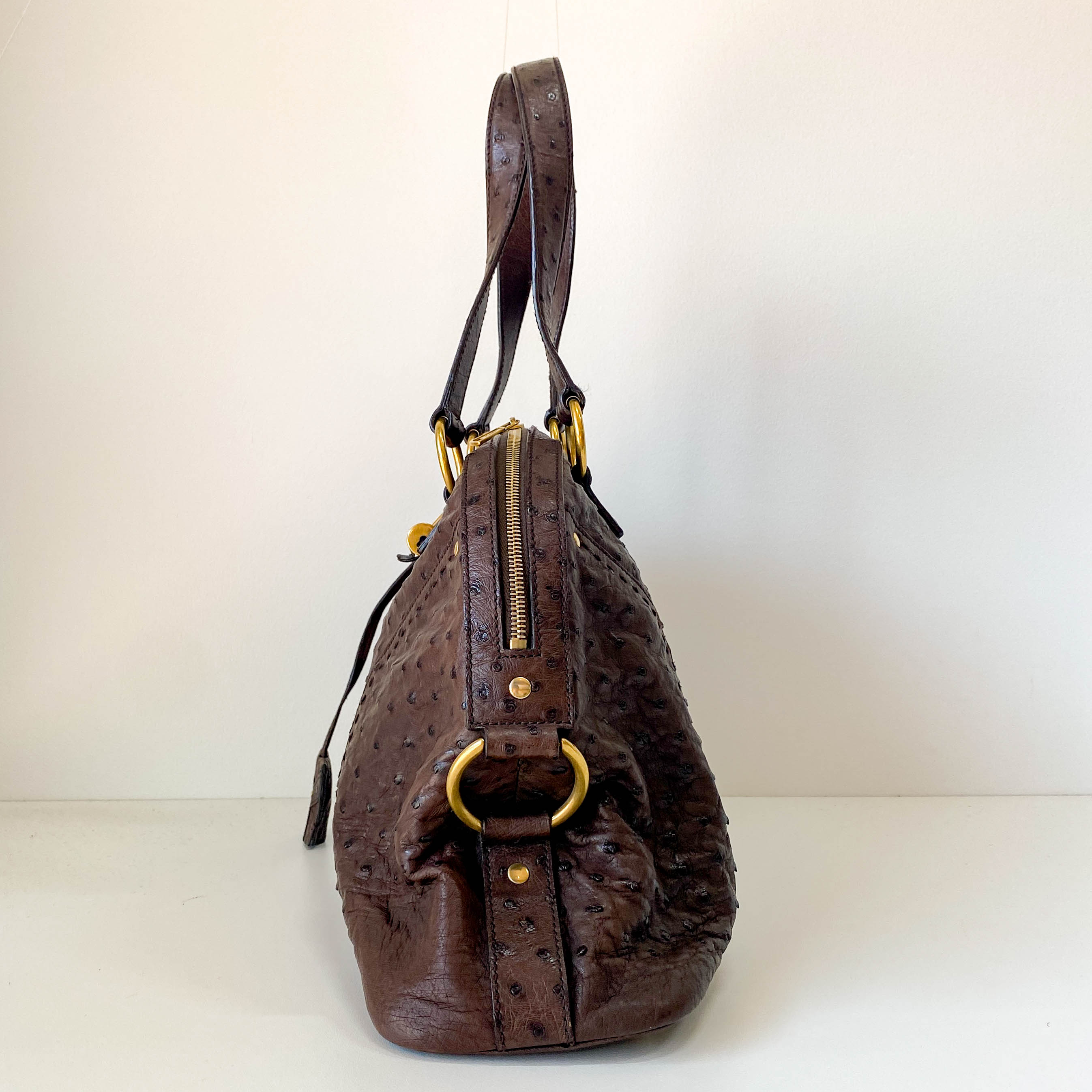 Brown Leather Ostrich Shoulder Bag