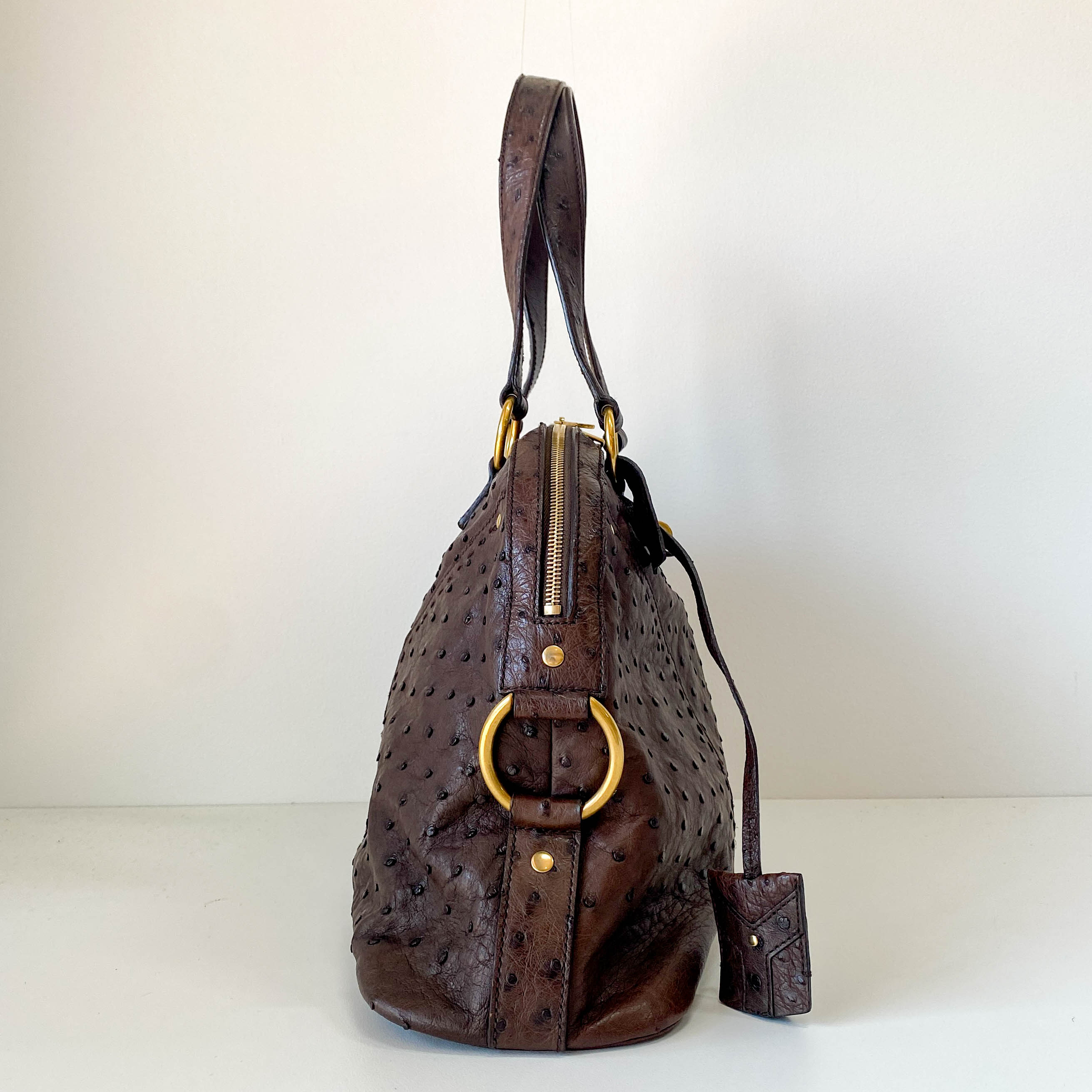 Brown Leather Ostrich Shoulder Bag