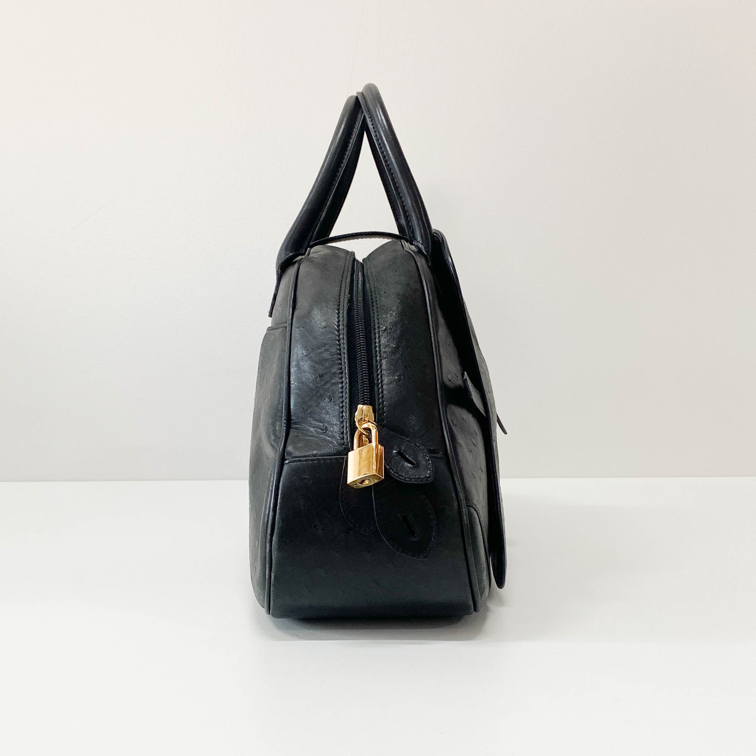 Double Saddle Black Ostrich Hand Bag