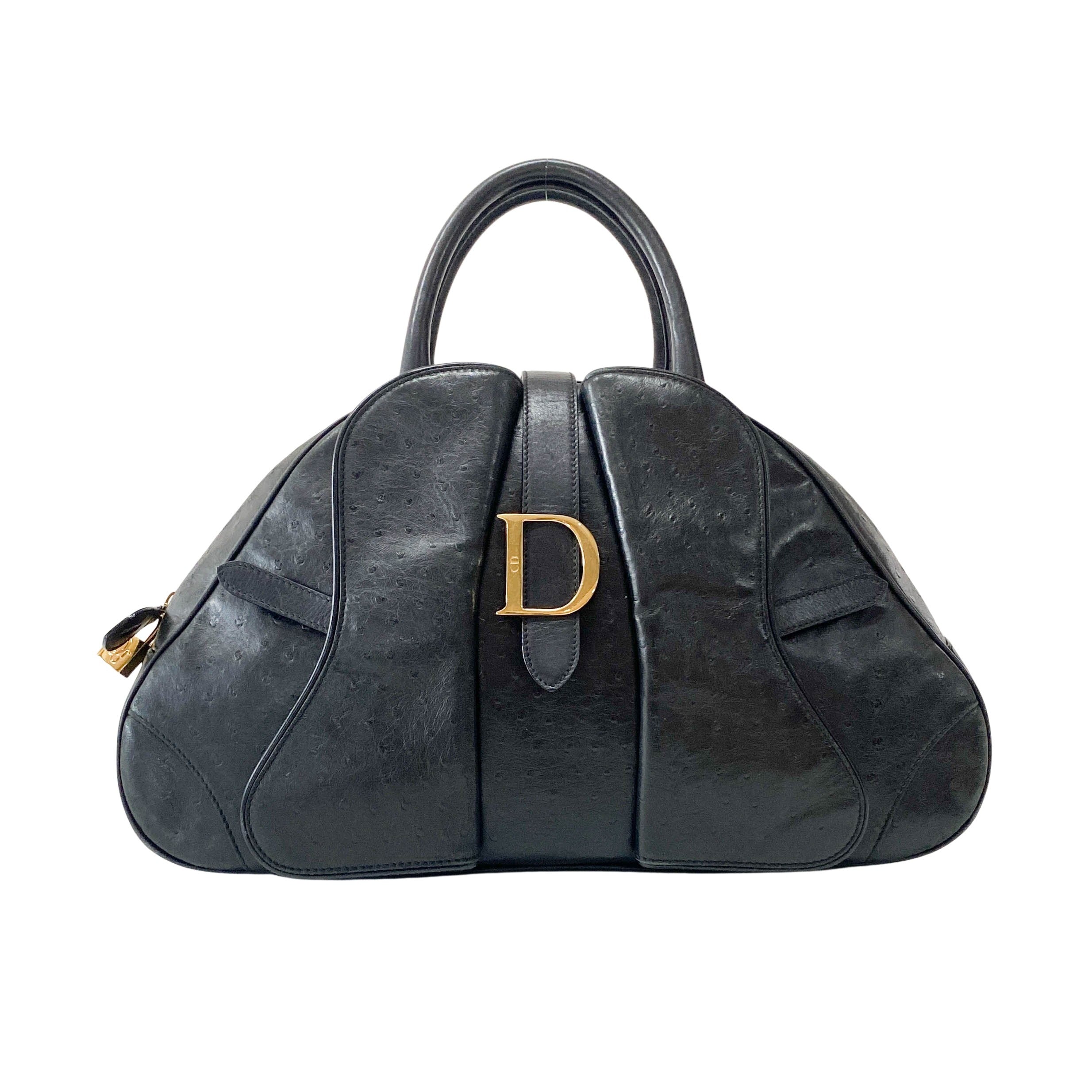 Double Saddle Black Ostrich Hand Bag