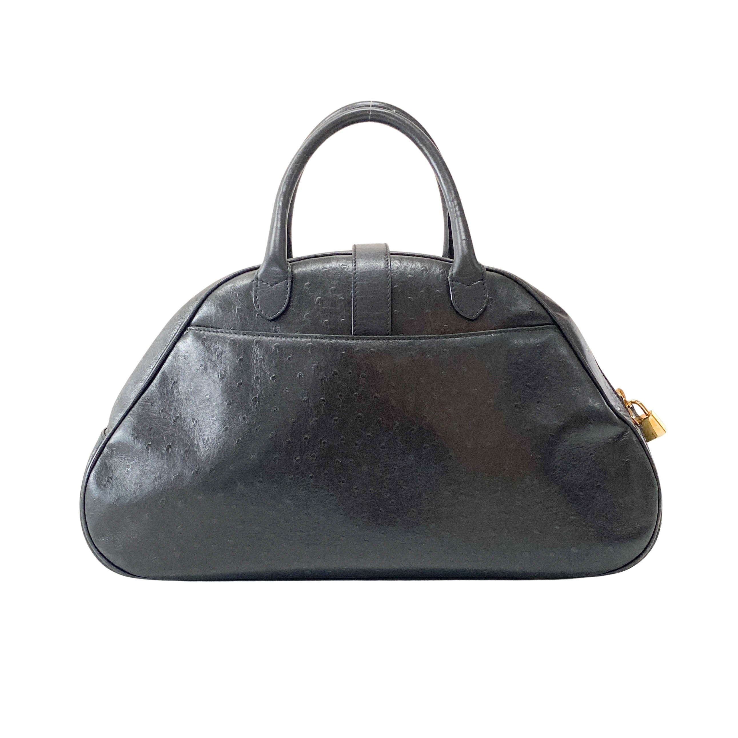 Double Saddle Black Ostrich Hand Bag