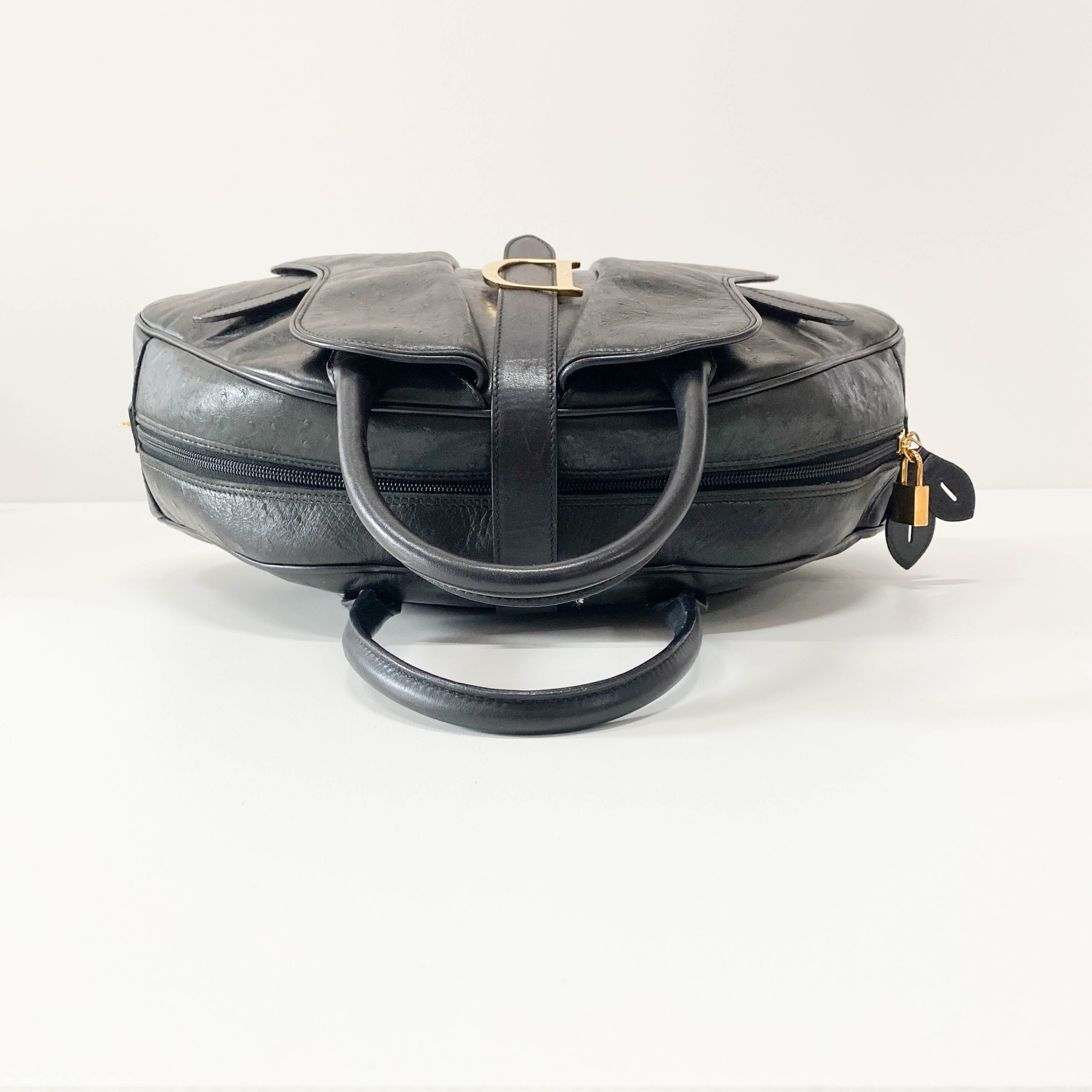 Double Saddle Black Ostrich Hand Bag